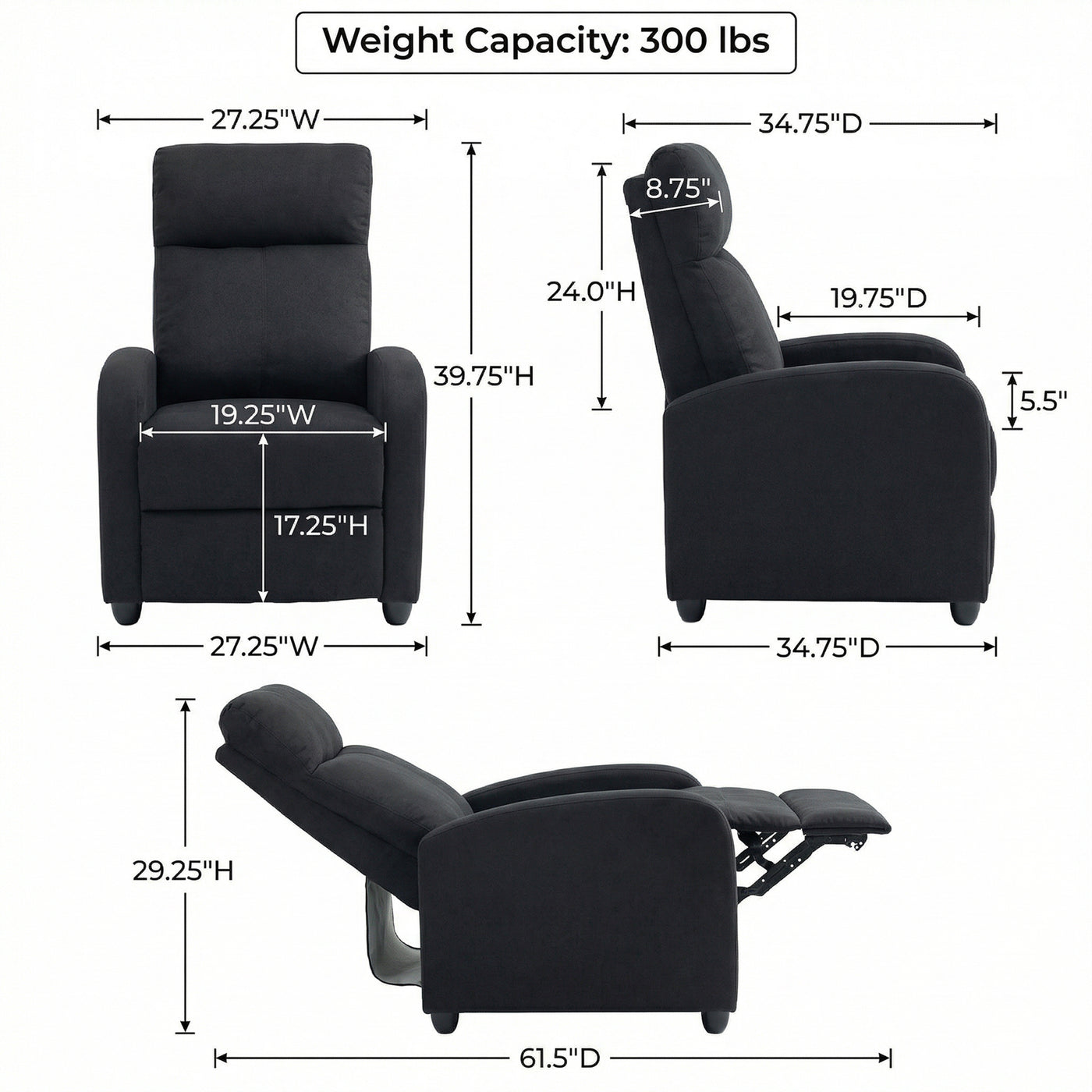 Single Recliner Sofa, Manual Home Theater Seating, Single Reclining Sofa Chair with Padded Seat for Living Room, Black
