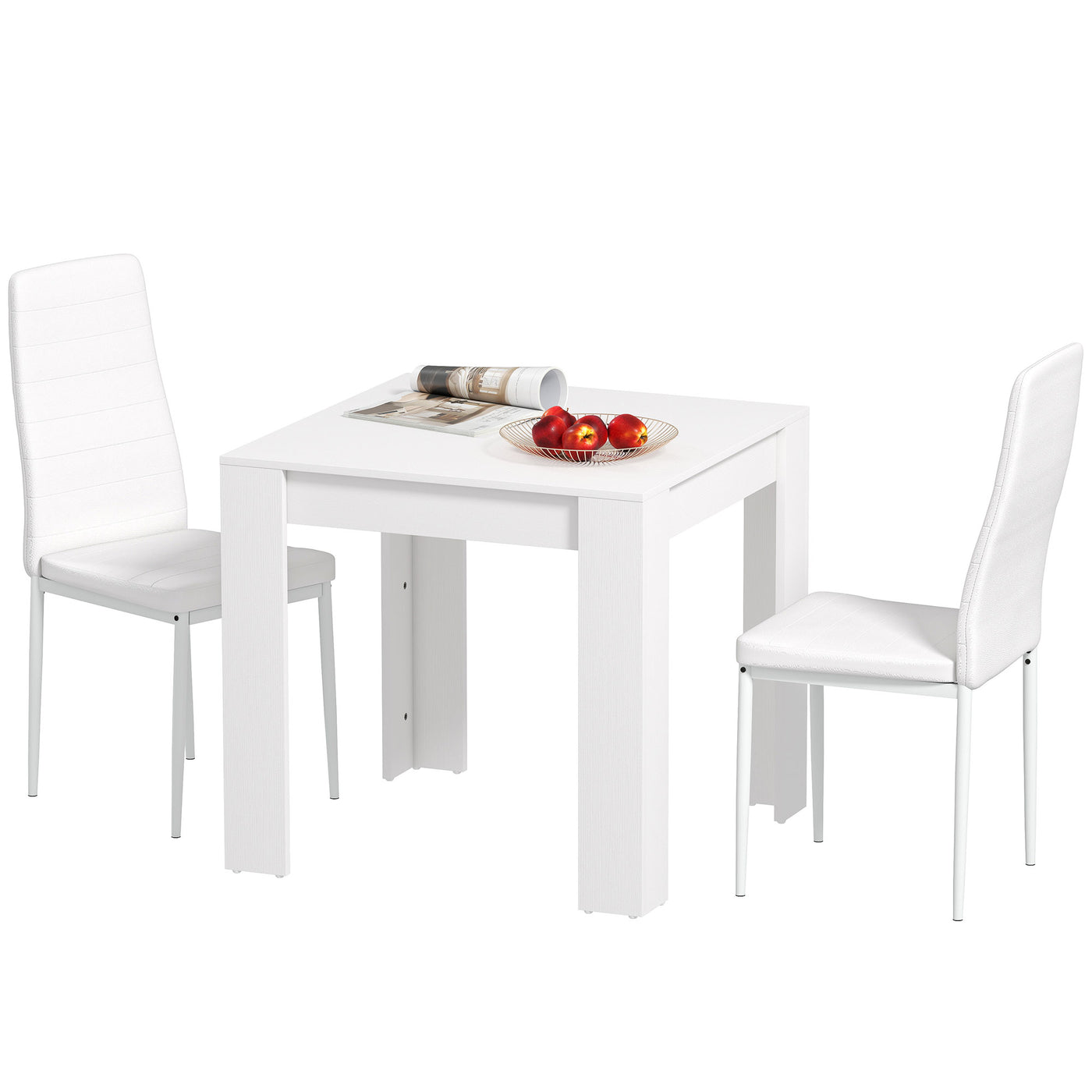 Dining Table Set for 2, Square Kitchen Table and Chairs, Dining Room Table and PU Leather Upholstered Chairs, White