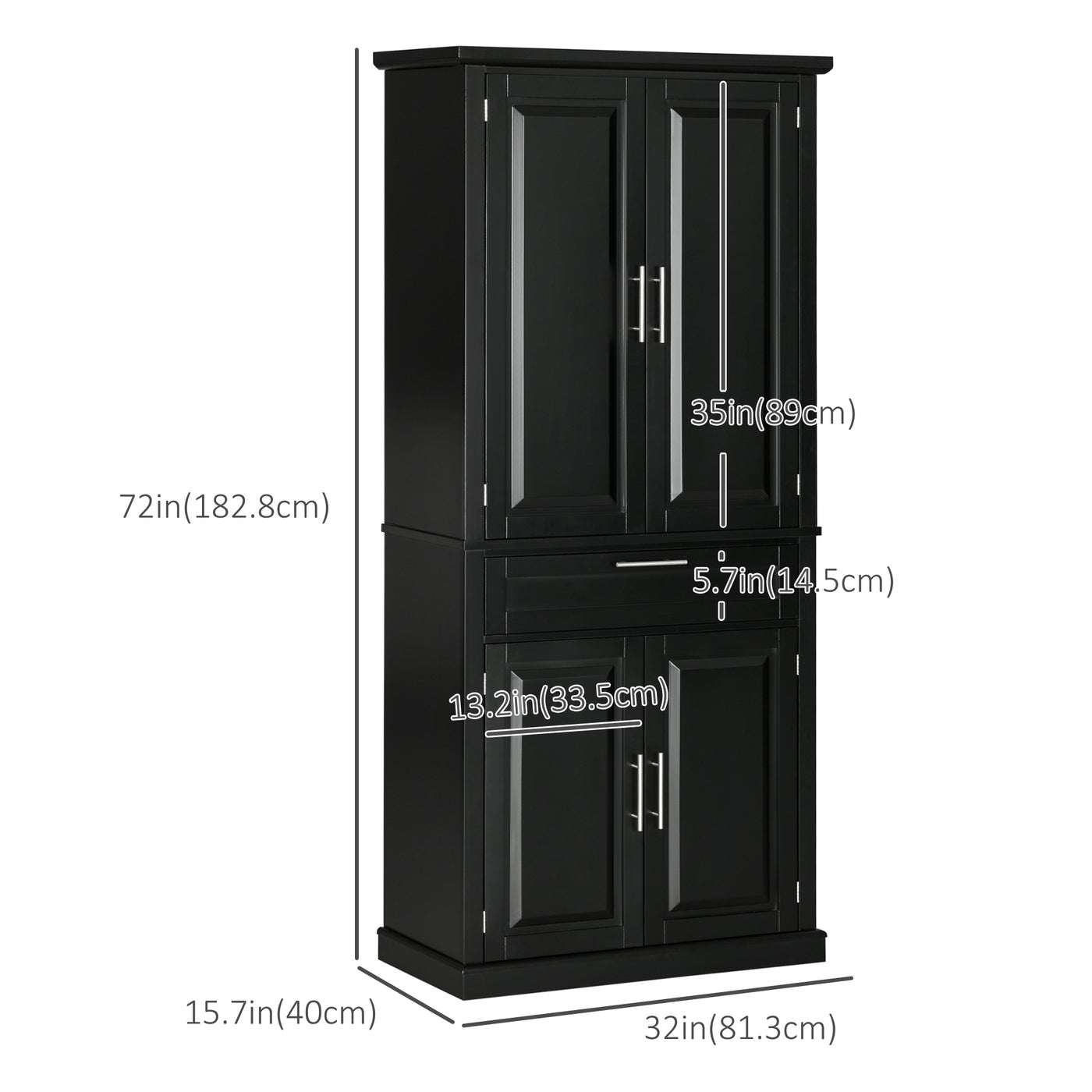 72" Kitchen Pantry Cabinet, Freestanding Storage Cabinet, 4-Door Cabinet with Drawer and Adjustable Shelves, Black
