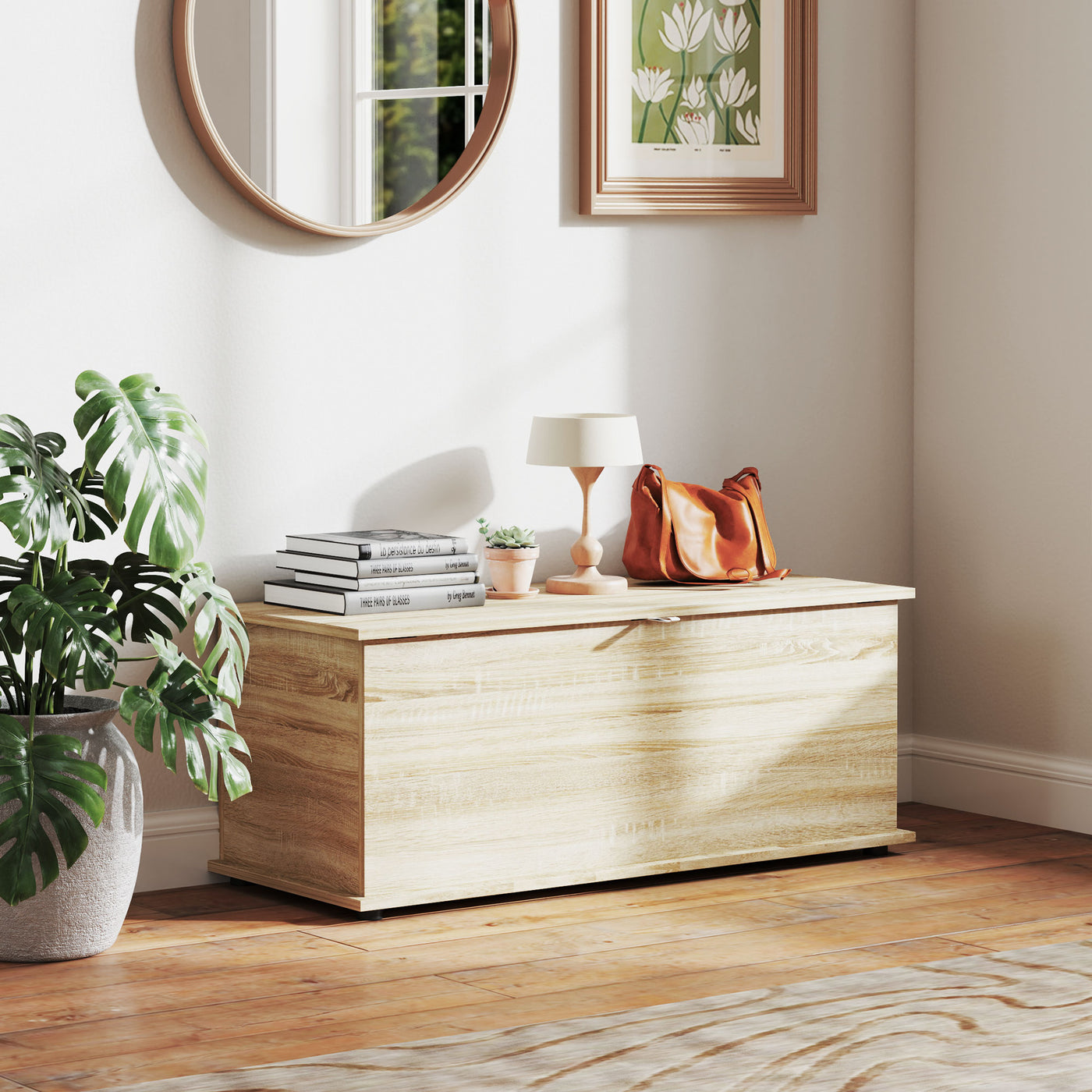 39.5" Storage Chest with 2 Safety Hinges, Storage Box Organizer with Flip-Top Lid, Entryway Storage Bench, Oak
