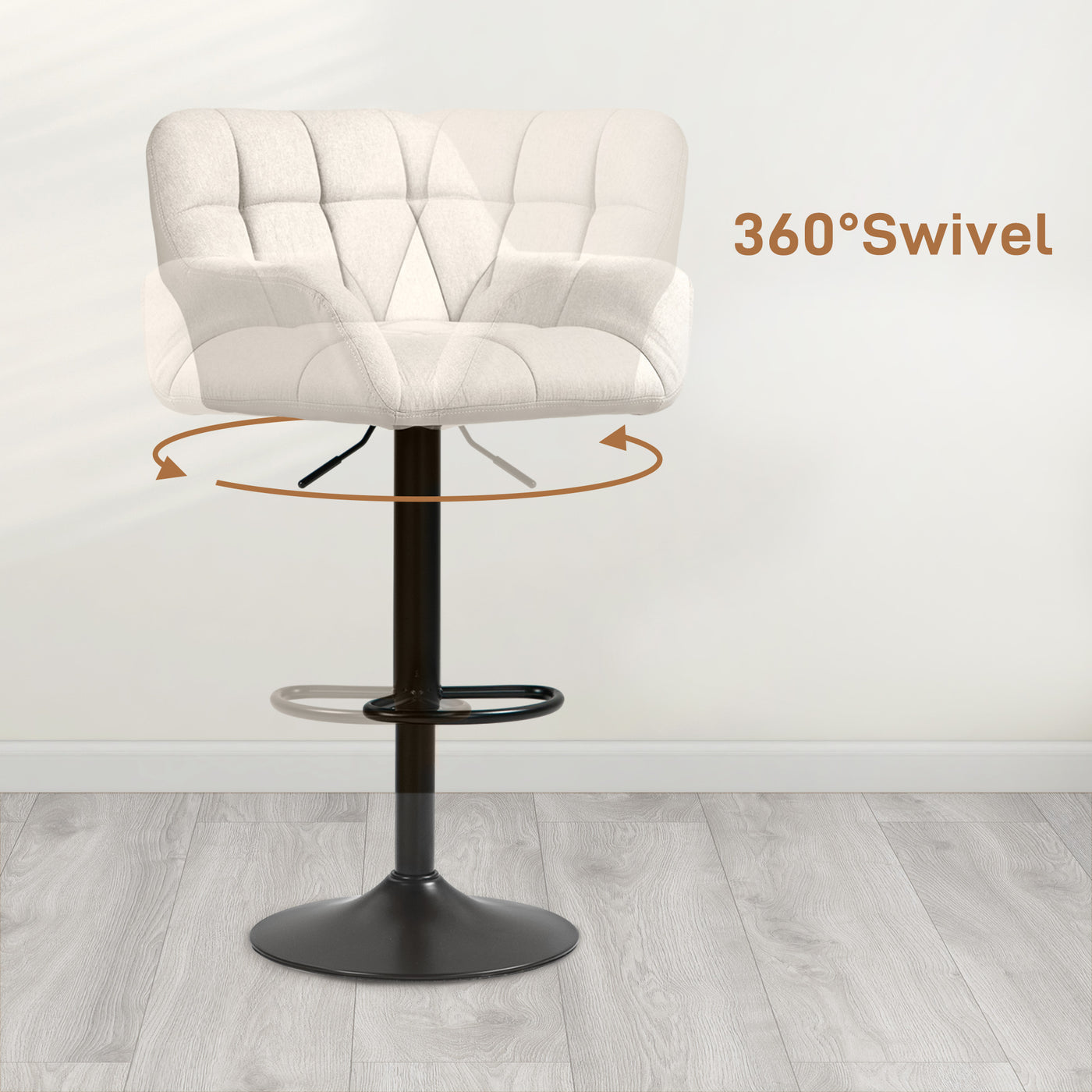 Swivel Barstools Set of 2 Adjustable Bar Stools with Footrest Armrests and PU Leather Back for Dining Room Cream White
