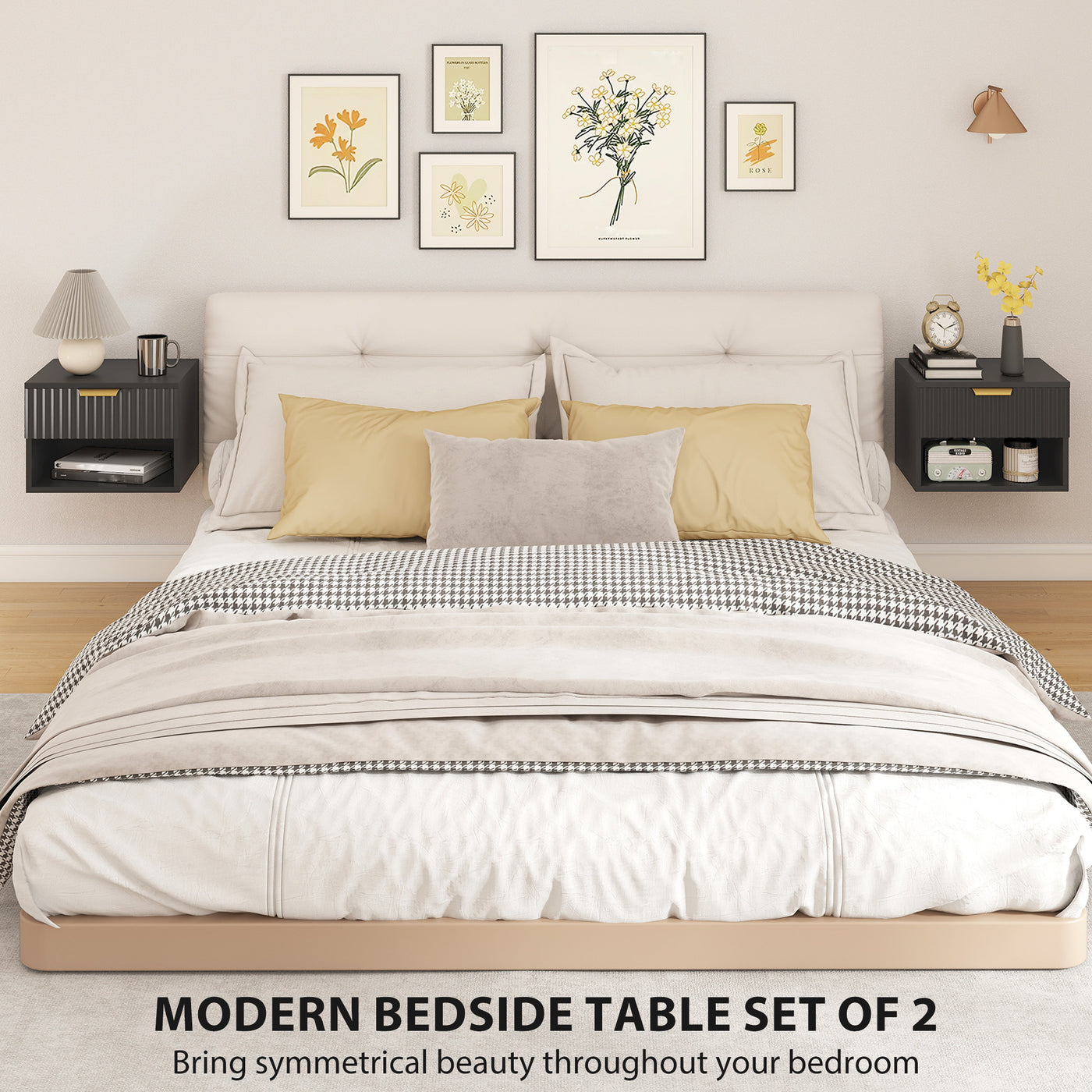 Floating Nightstands, Wall Mounted Bedside Tables Set of 2 with Drawer and Open Shelf, Black