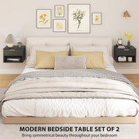 Floating Nightstands, Wall Mounted Bedside Tables Set of 2 with Drawer and Open Shelf, Black