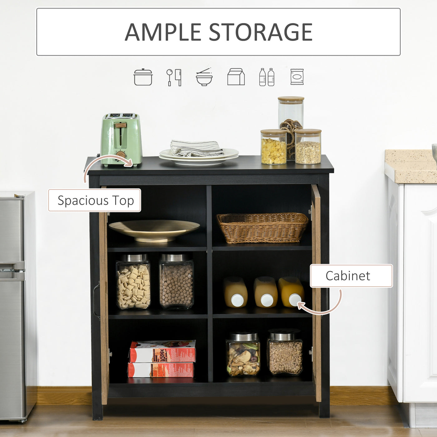 Kitchen Sideboard, Glass Door Buffet Cabinet, Accent Storage Cabinet with 2 Glass Doors and Adjustable Shelf for Dining Room, Living Room, Black Wood Grain