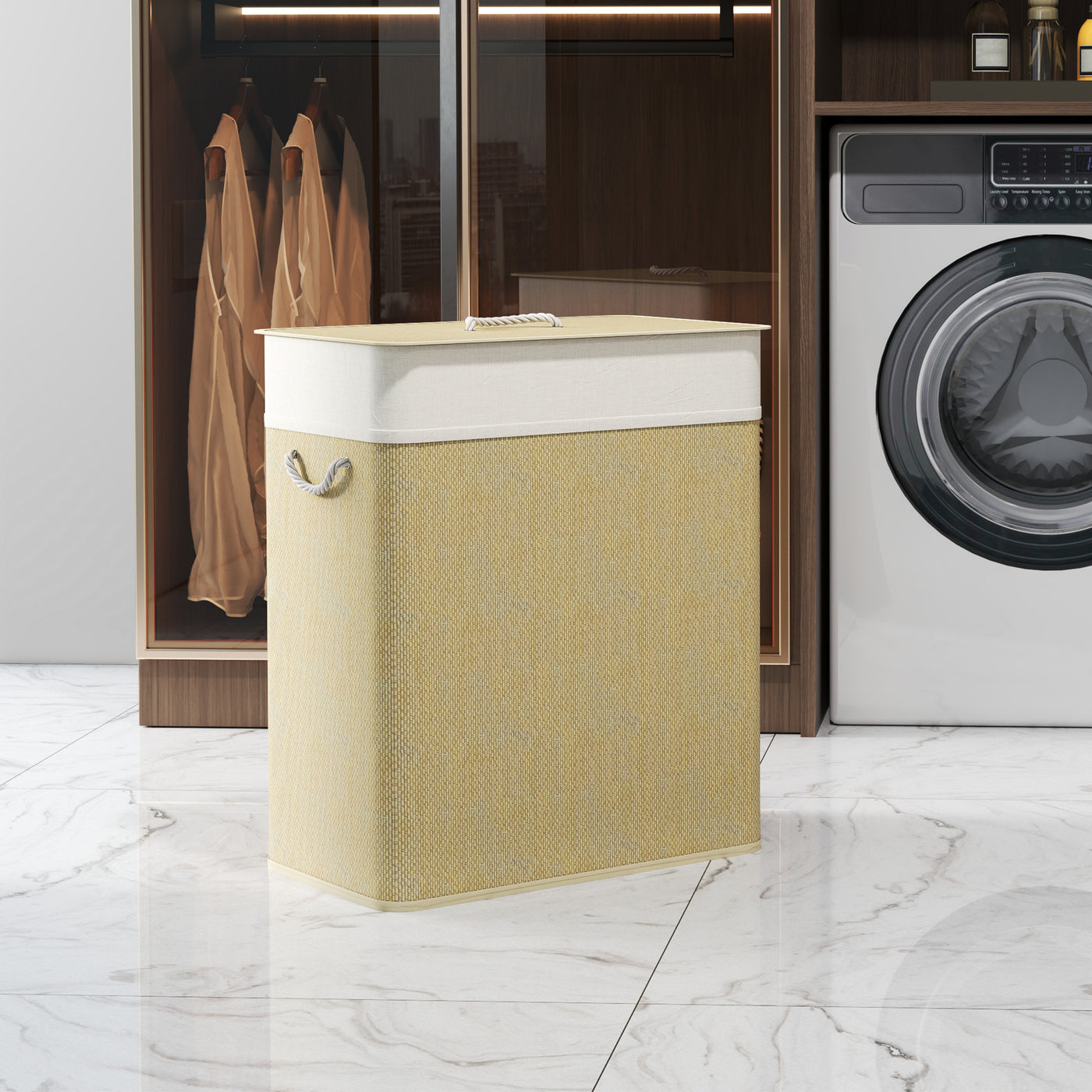 Double Laundry Basket with Lid, 100L Bamboo Laundry Hamper with Rope Handles and Removable Bags, Natural