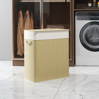 Double Laundry Basket with Lid, 100L Bamboo Laundry Hamper with Rope Handles and Removable Bags, Natural