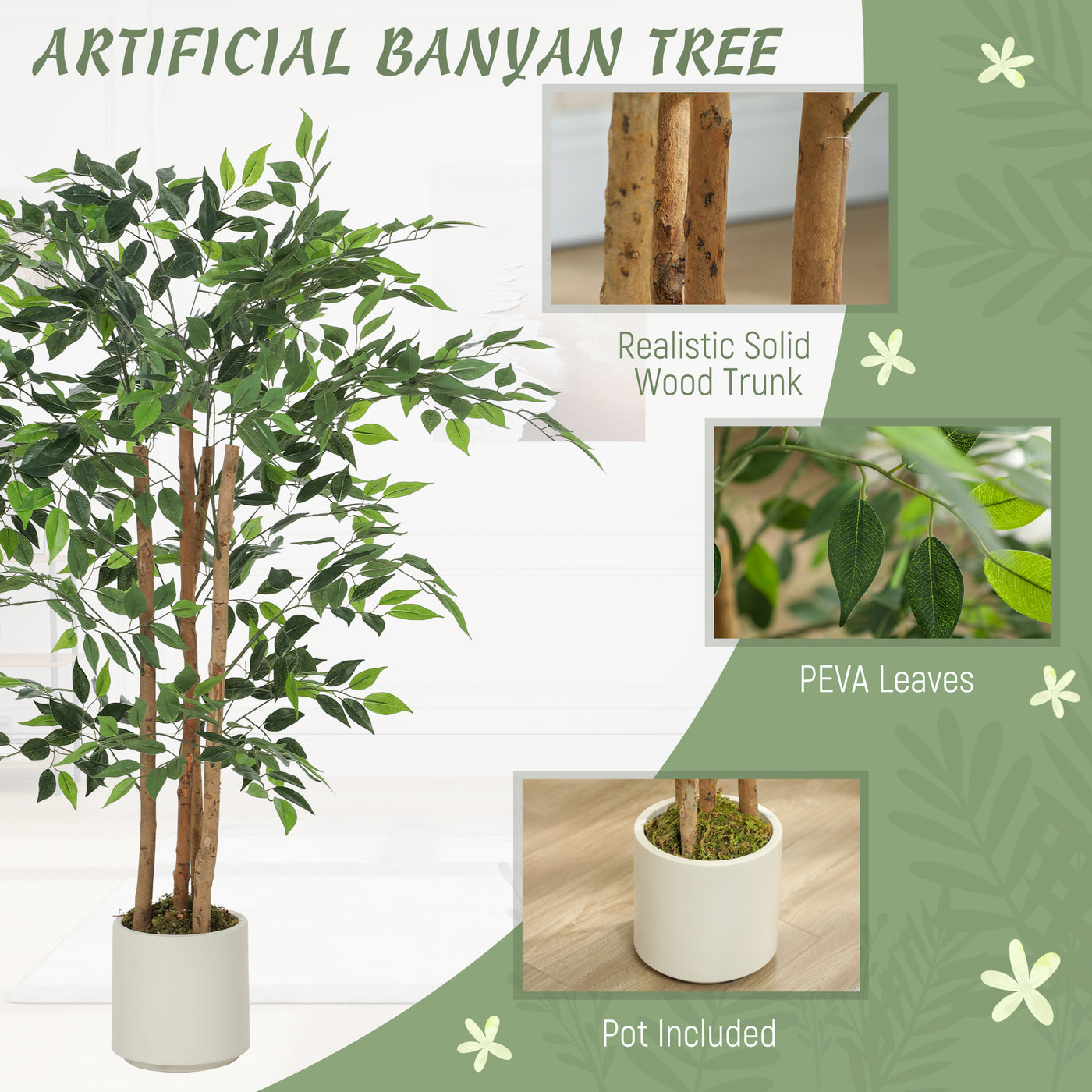 4FT Artificial Banyan Tree Set of 2, Fake Potted Tree with Solid Wood Trunk and Pot for Indoor