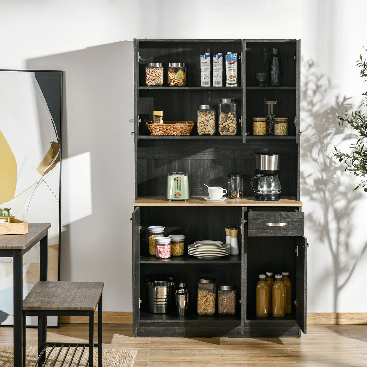 71" Kitchen Buffet with Hutch, Freestanding Kitchen Cabinet with Doors, Drawers, Microwave Counter, Black