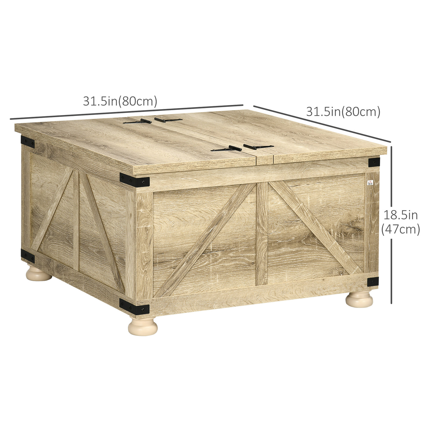 Farmhouse Coffee Table, Square Center Table with Flip-top Lids, Hidden Storage Compartment and Wooden Legs, Oak