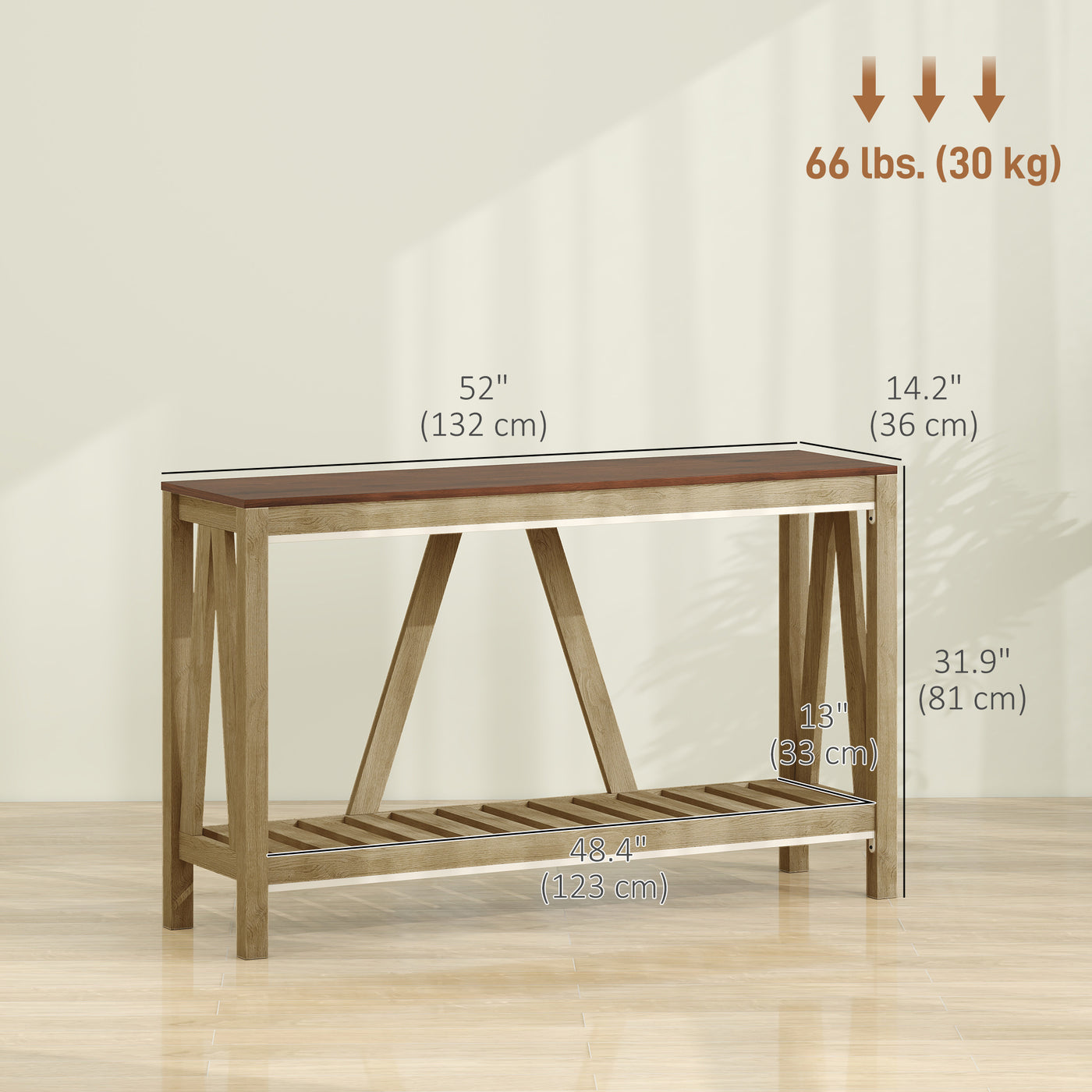 52" Console Table, Farmhouse Narrow Entryway Table with Storage Shelf, Rustic Sofa Table with Anti-tipper for Living Room and Hallway, Oak