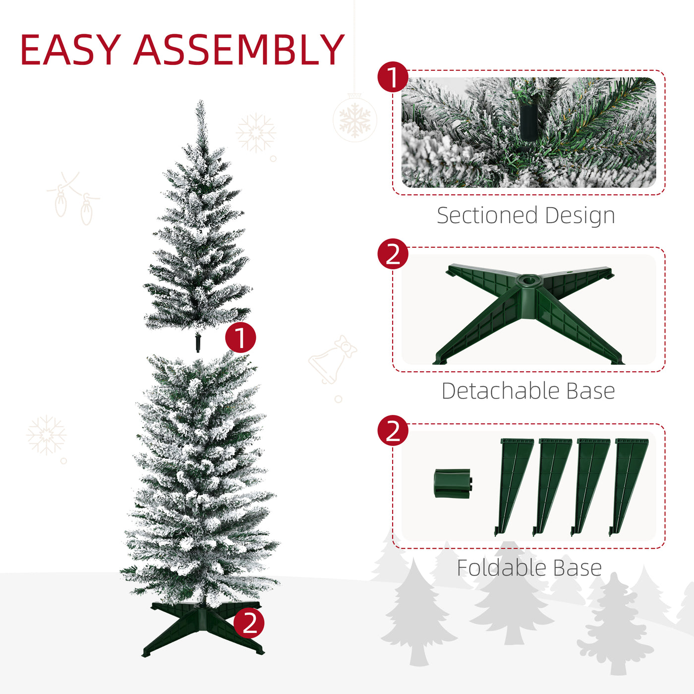 5ft Tall Pencil Artificial Christmas Tree, Holiday Décor with Snow Flocked Branches, Green