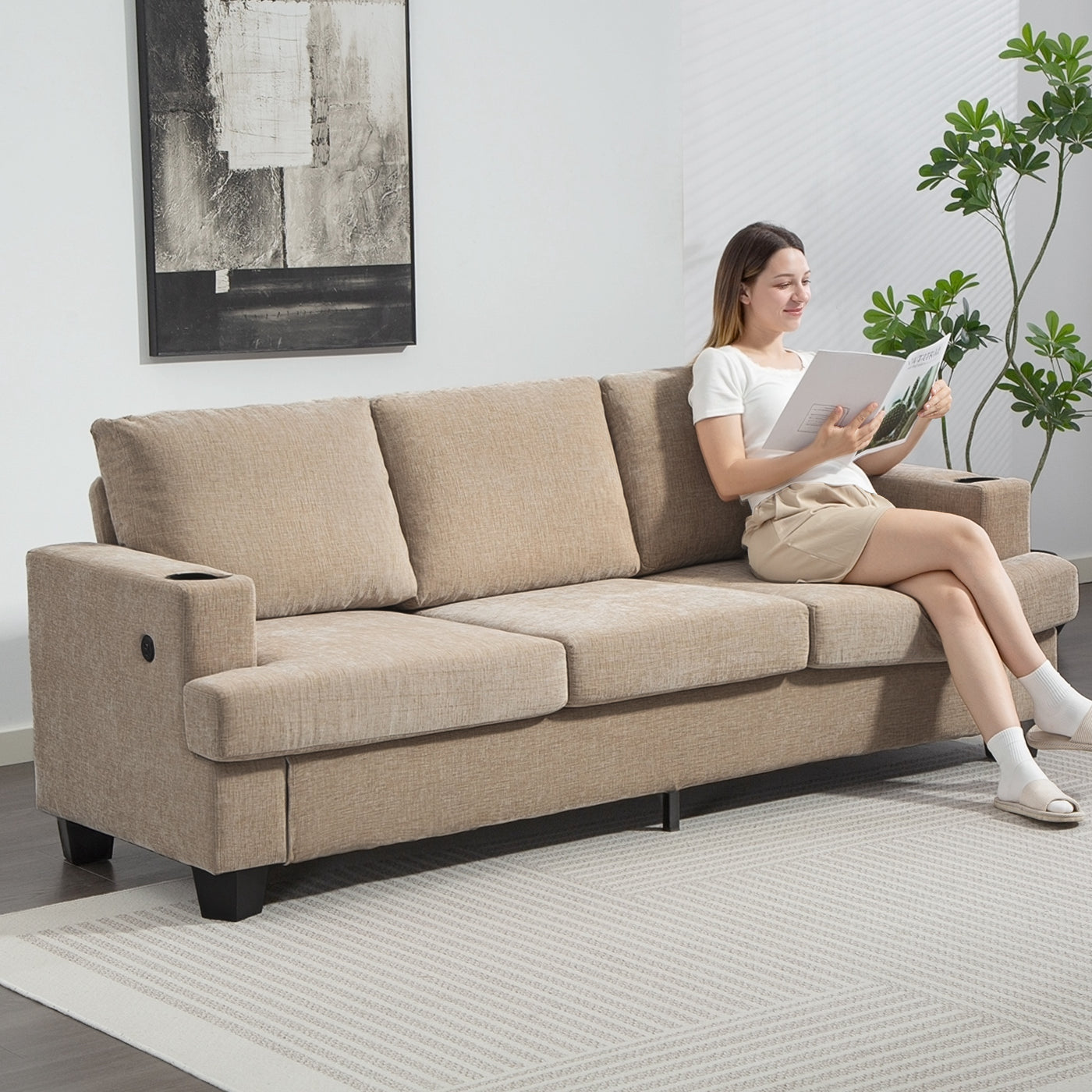 3 Seater Sofa with USB Ports & Cup Holders, Chenille-Feel Upholstered Couch for Living Room, Light Brown
