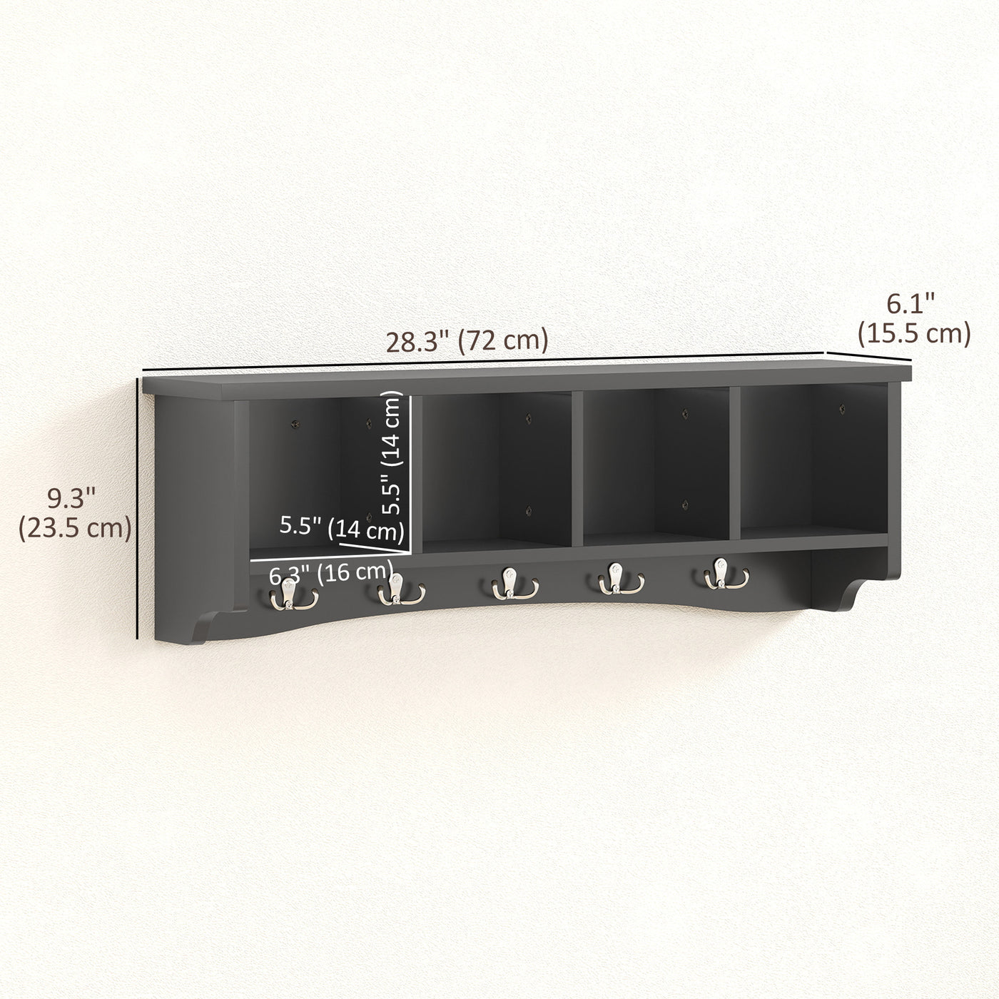 Coat Rack Wall Mount with Shelf, 28" Wall Coat Rack with 5 Hooks and 4 Compartments for Living Room, Entryway, Black