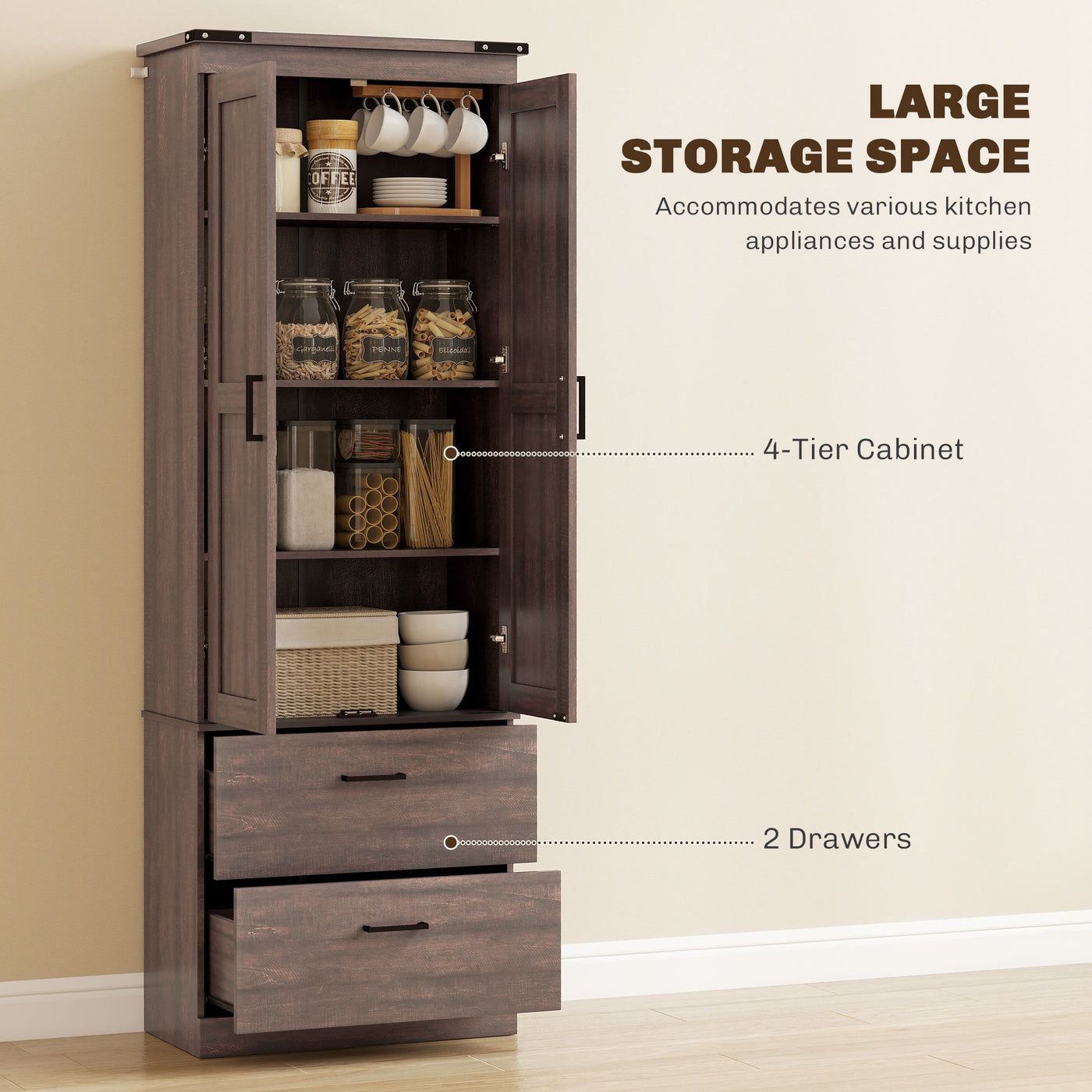 67" Tall Kitchen Pantry Storage Cabinet, Kitchen Pantry Cabinet with Doors, Drawers and Adjustable Shelves