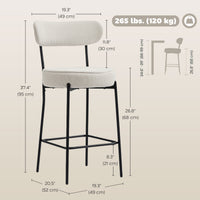 Set of 2 Barstools, Upholstered Corduroy Bar Stools with Backrest, Footrest for Kitchen Island, Dining Room, Cream White