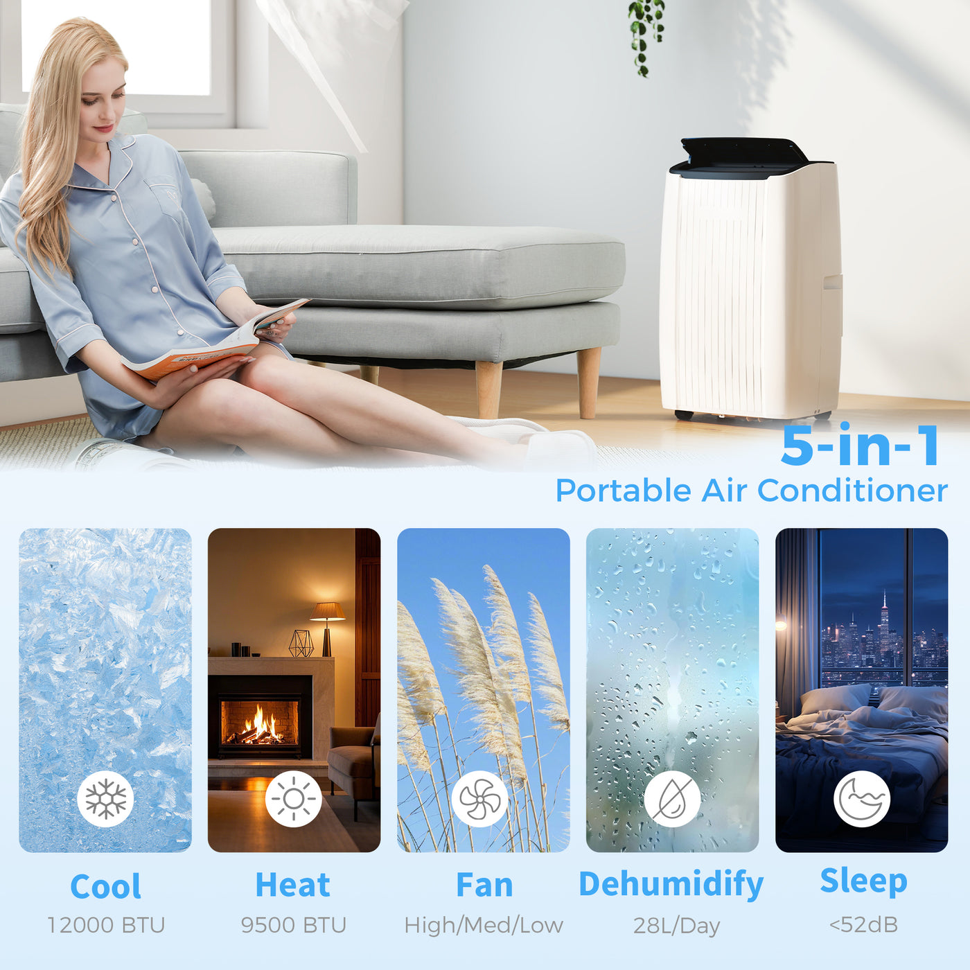 12000 BTU 5-in-1 Portable Air Conditioner with Cool, Heat, Dehumidifier, Fan, Sleep, WiFi Voice Control, White