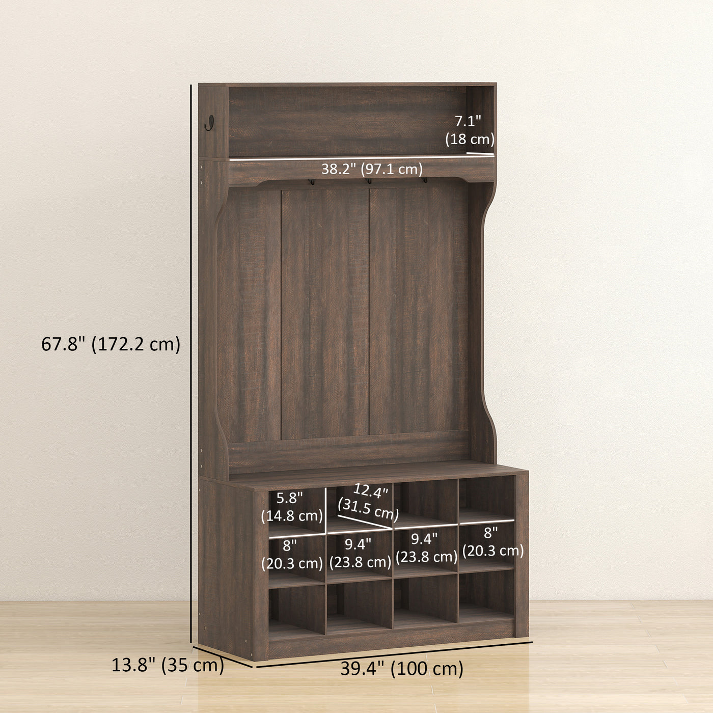 4-In-1 Hall Tree with Bench and Shoe Storage, Farmhouse Coat Rack Shoe Bench with 12 Shoe Cubbies, 6 Hooks, Dark Brown