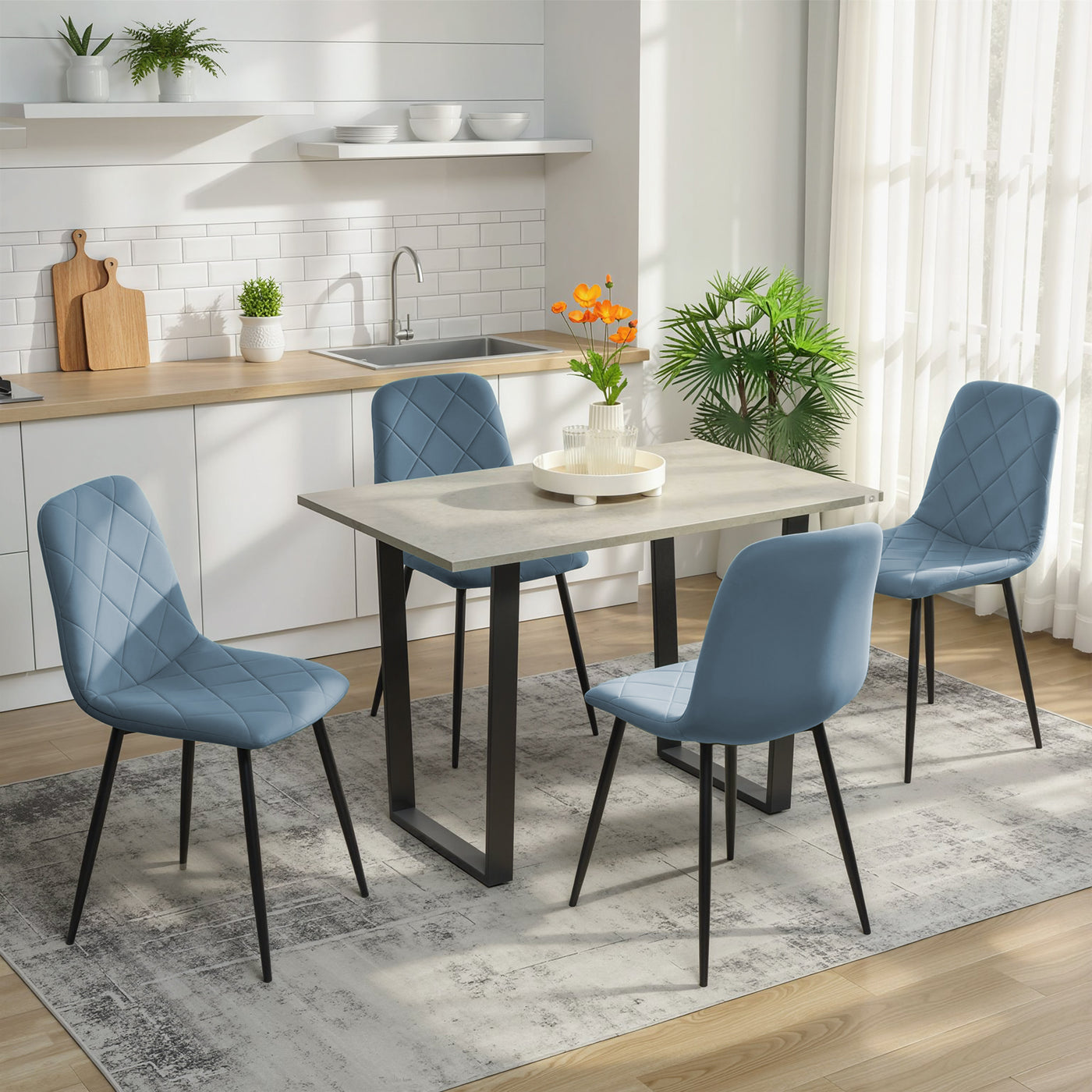 Dining Chairs Set of 4, Upholstered Dining Room Chairs with Steel Legs, Modern Kitchen Chair for Dining Room, Light Blue