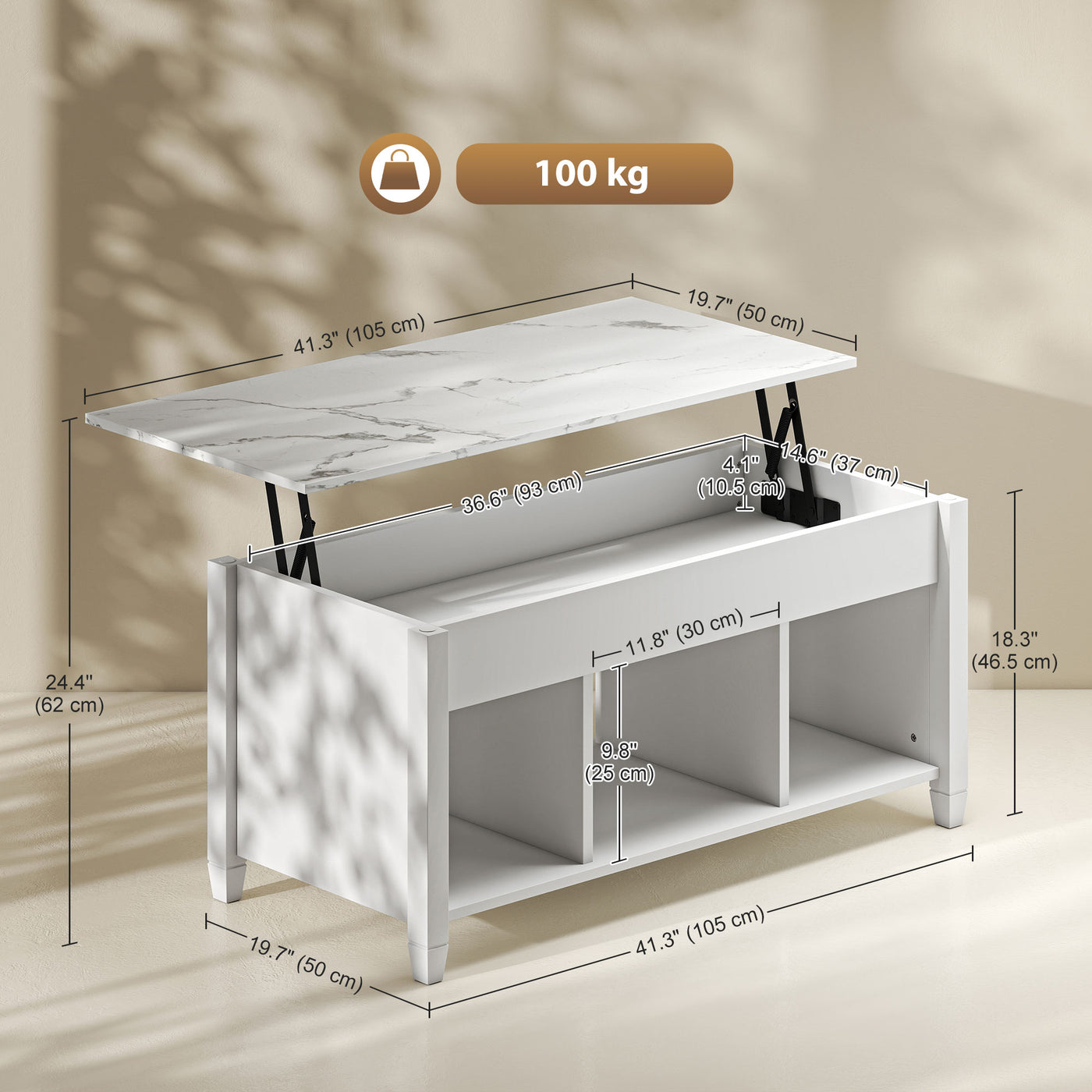 Lift Top Coffee Table, Modern Center Table with Storage Shelves and Hidden Compartment for Living Room, 41" L, White