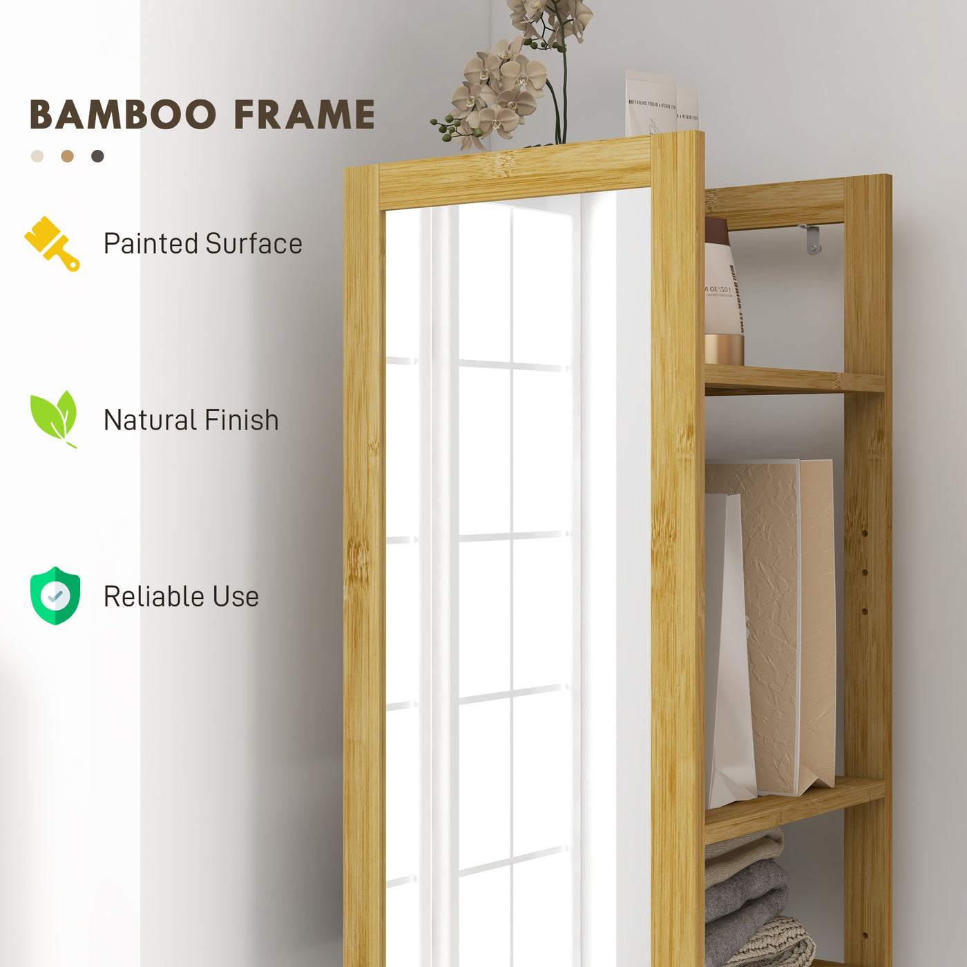 66" x 14" Standing Mirror with 6-Tier Shelf, Floor Mirror Full Body Mirror for Bathroom, Living Room, Nature Wood