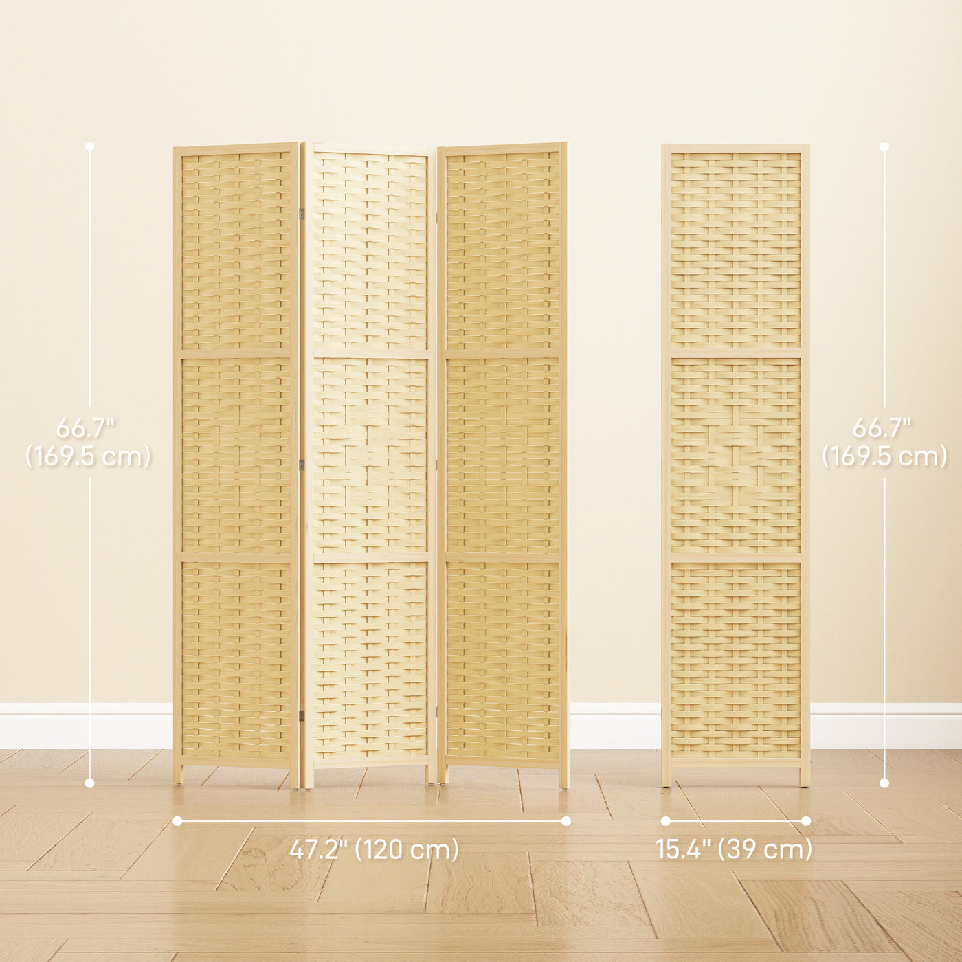 3-Panel Room Divider, 5.6 FT Freestanding Folding Privacy Screen, Partition Wall Divider, Natural Wood