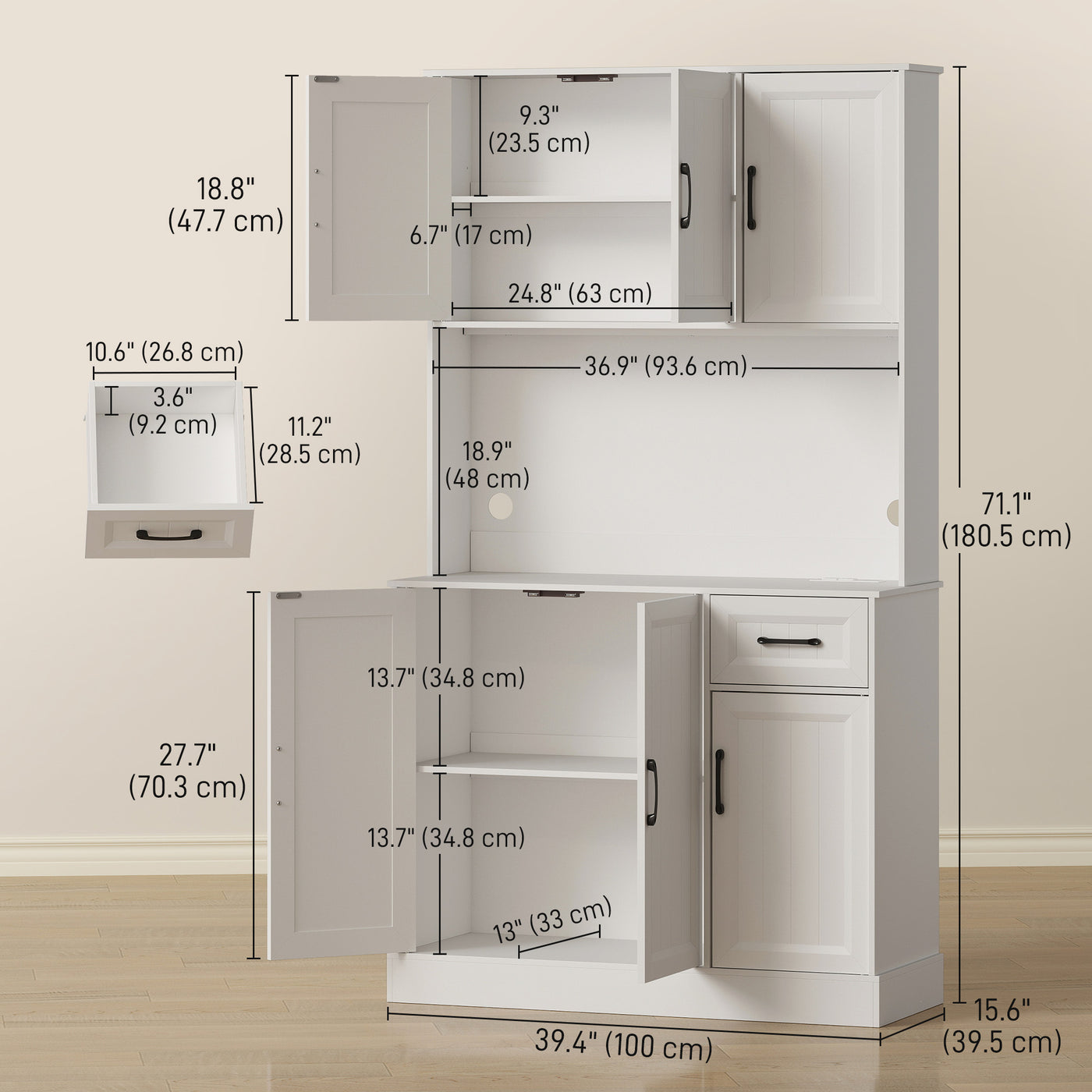 71" Pantry Cabinet with Charging Station, Kitchen Storage Cabinet with Microwave Stand, Adjustable Shelves, White