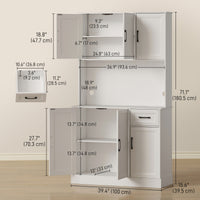 71" Pantry Cabinet with Charging Station, Kitchen Storage Cabinet with Microwave Stand, Adjustable Shelves, White