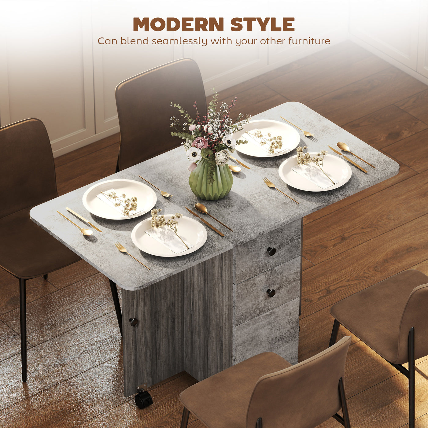 Drop Leaf Dining Table, Mobile Folding Table on Wheels with Drawers and Cabinet for Dining Room, Kitchen, Grey
