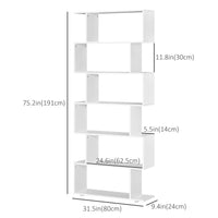 76" 6-Tier Geometric Wooden Bookcase S Shaped Storage Display Bookshelf Modern shelf Open Concept Living Room Home Office Furniture, White