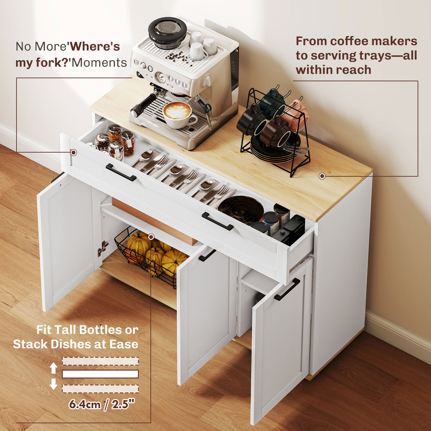 Sideboard Buffet Cabinet, Modern 40" Coffee Bar Cabinet with Wide Drawer, 3 Doors and 2 Adjustable Shelves, White