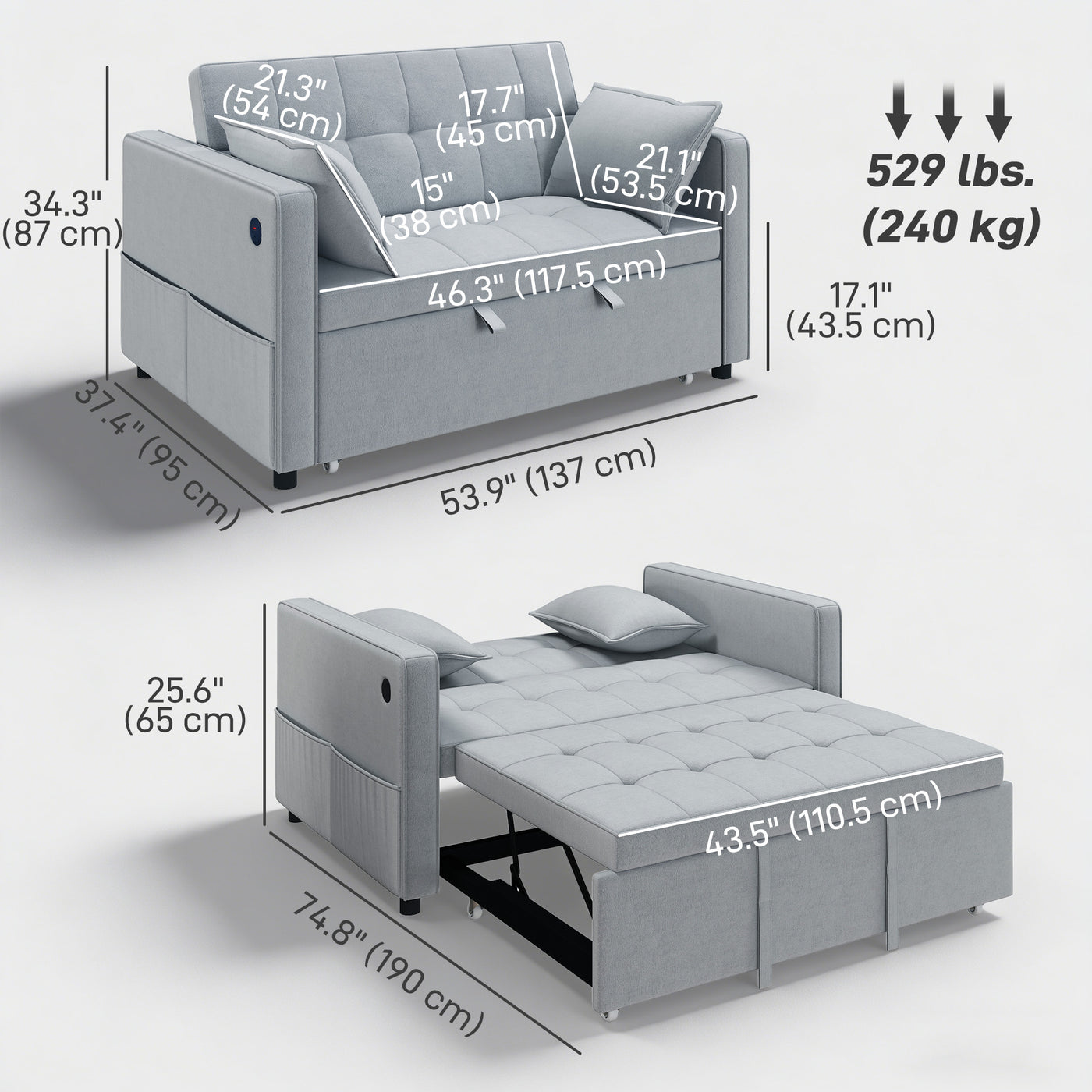 3‑in‑1 Double Sofa Bed, Pull Out Sleeper Sofa with USB Charging, Adjustable Backrest, Side Pockets, Light Grey