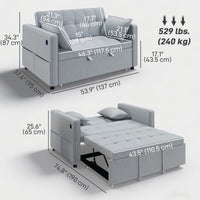 3‑in‑1 Double Sofa Bed, Pull Out Sleeper Sofa with USB Charging, Adjustable Backrest, Side Pockets, Light Grey