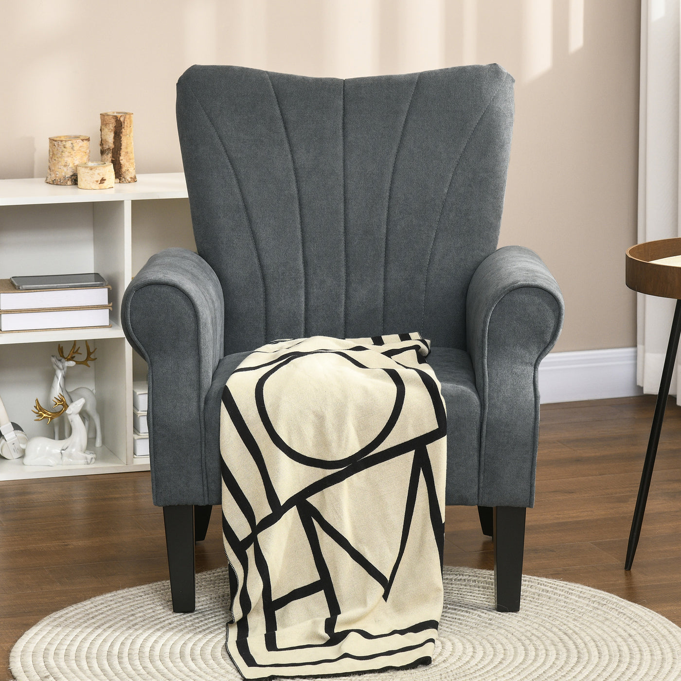 Fabric Armchair, Modern Accent Chair with Wood Legs for Living Room, Bedroom, Home Office, Dark Grey