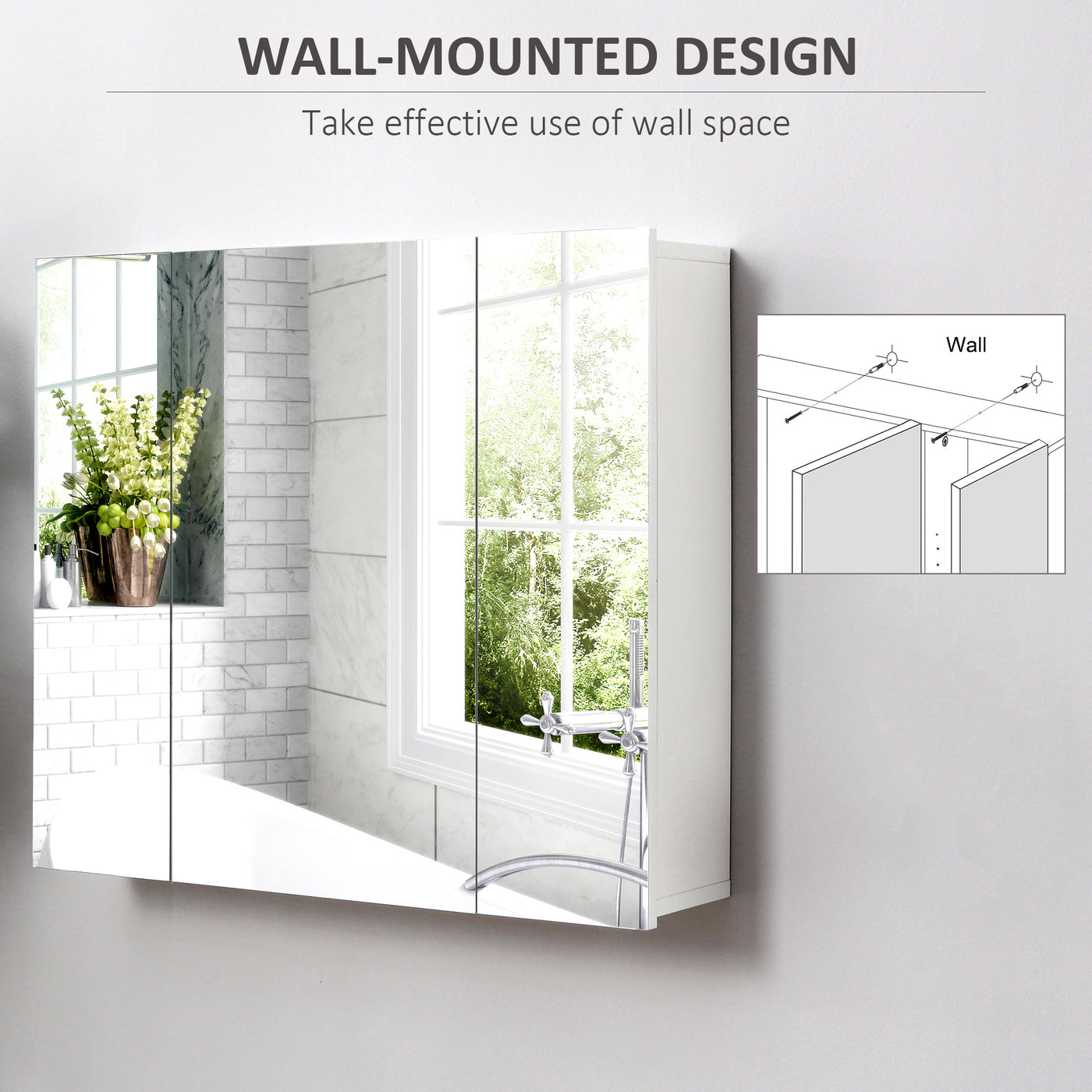 28" x 24" Wall Mounted Mirror Cabinet, Bathroom Medicine Cabinet with Mirror, 3 Doors and Adjustable Shelves, White