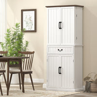71" LED Kitchen Pantry Cabinet, Farmhouse Storage Cabinet with Door Shelves, Distressed White