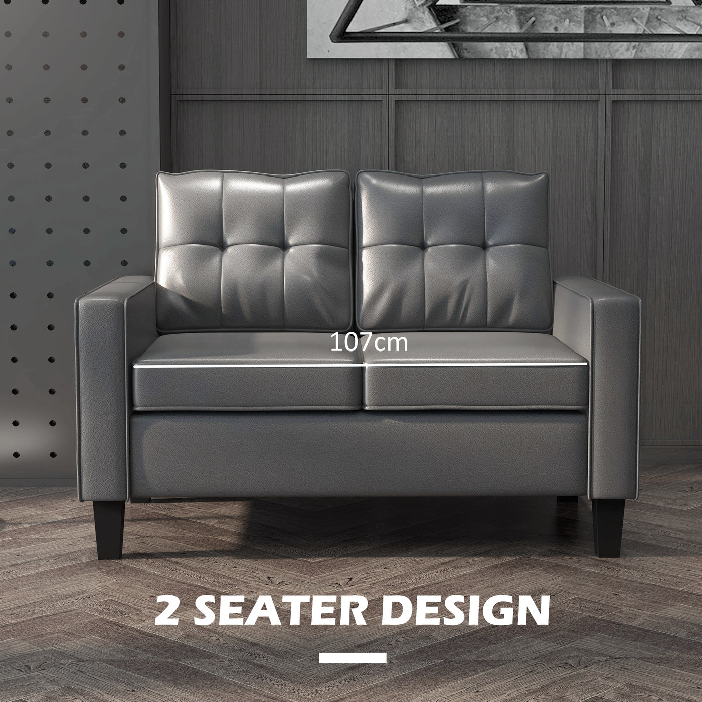 51" PU Leather Loveseat, Upholstered Double Sofa Couch with Armrests, Tufted Backrest, Pocket Spring and Sponge Padded Cushion for Living Room, Bedroom, Home Office, Grey