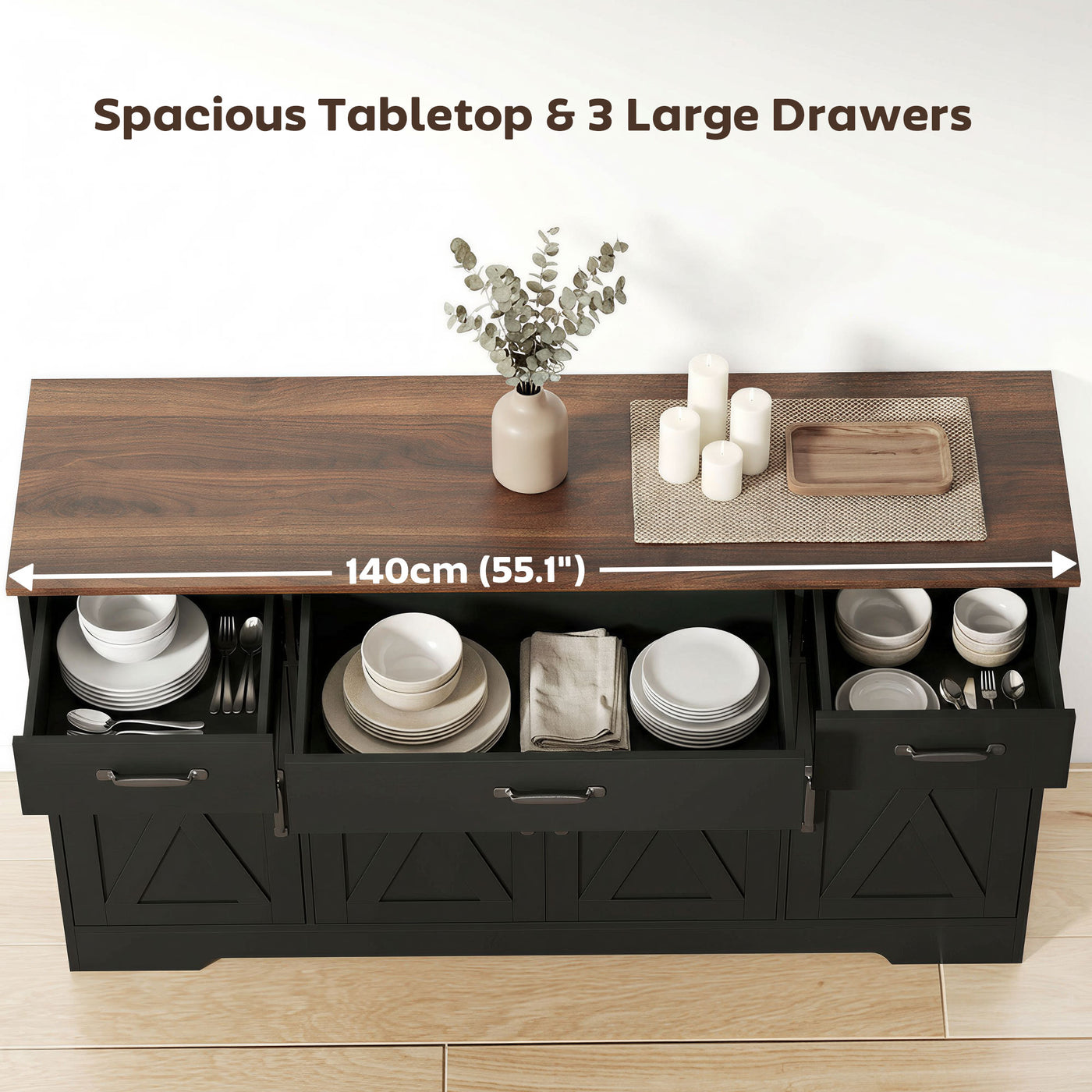 Sideboard Buffet Cabinet, 55" Farmhouse Kitchen Cabinet with 4 Barn Doors, 3 Drawers, 3 Adjustable Shelves, Black