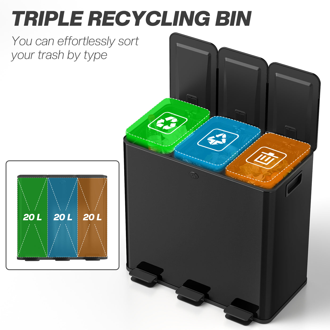 Garbage Bin, Soft-Close Trash Can with Foot Pedal, 3x5 Gallon (3x20 L) Garbage Can with Removable Inner Buckets, Black