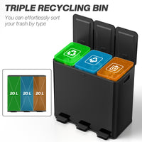 Garbage Bin, Soft-Close Trash Can with Foot Pedal, 3x5 Gallon (3x20 L) Garbage Can with Removable Inner Buckets, Black