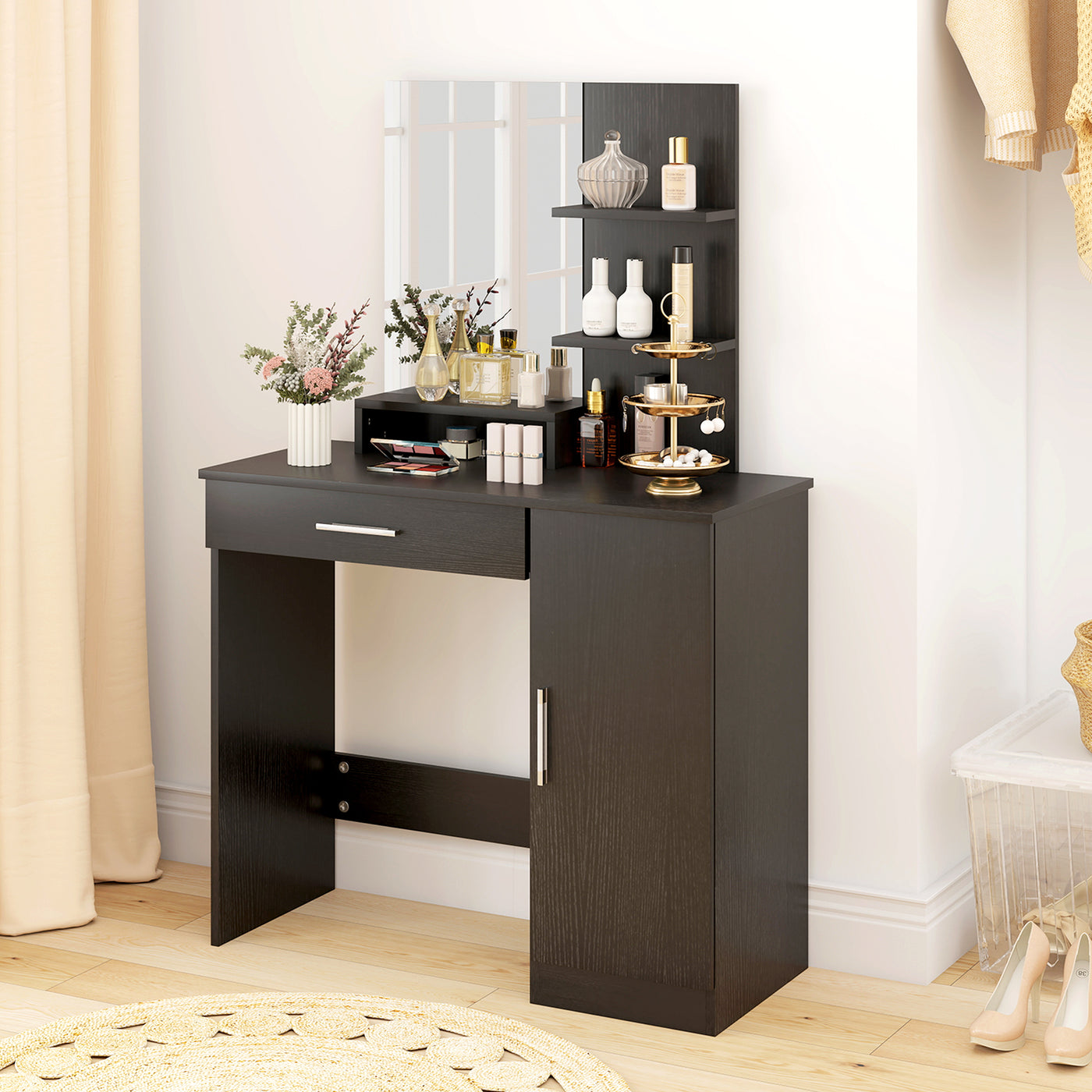 Vanity Desk with Mirror, Makeup Vanity w/ Drawer, Open Compartment and Shelves, Cabinet, Adjustable Shelves for Bedroom