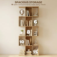 5-Tier Bookshelf, S Shaped Geometric Bookcase with 15 Compartments, Oak