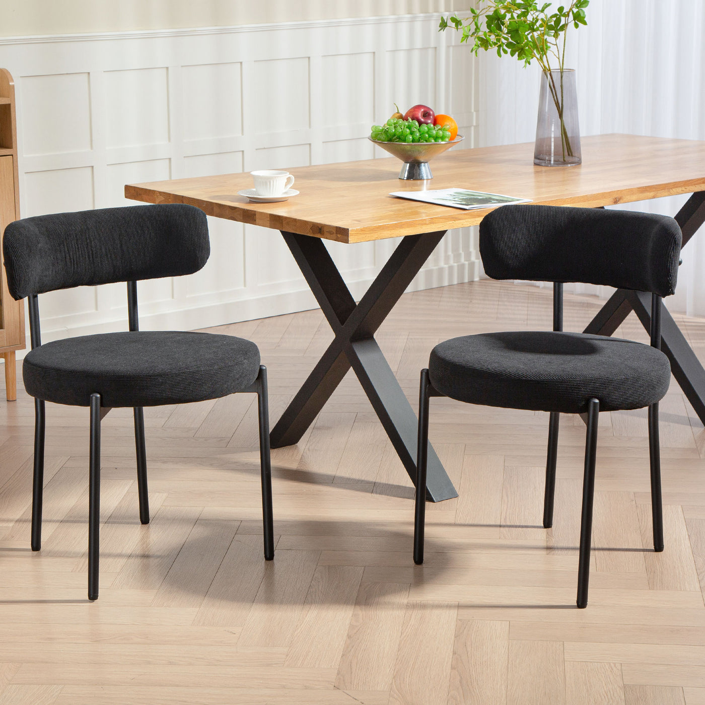 4 Pieces Kitchen Chairs, Modern Dining Chairs w/ Corduroy Upholstery and Steel Legs for Living Room, Black