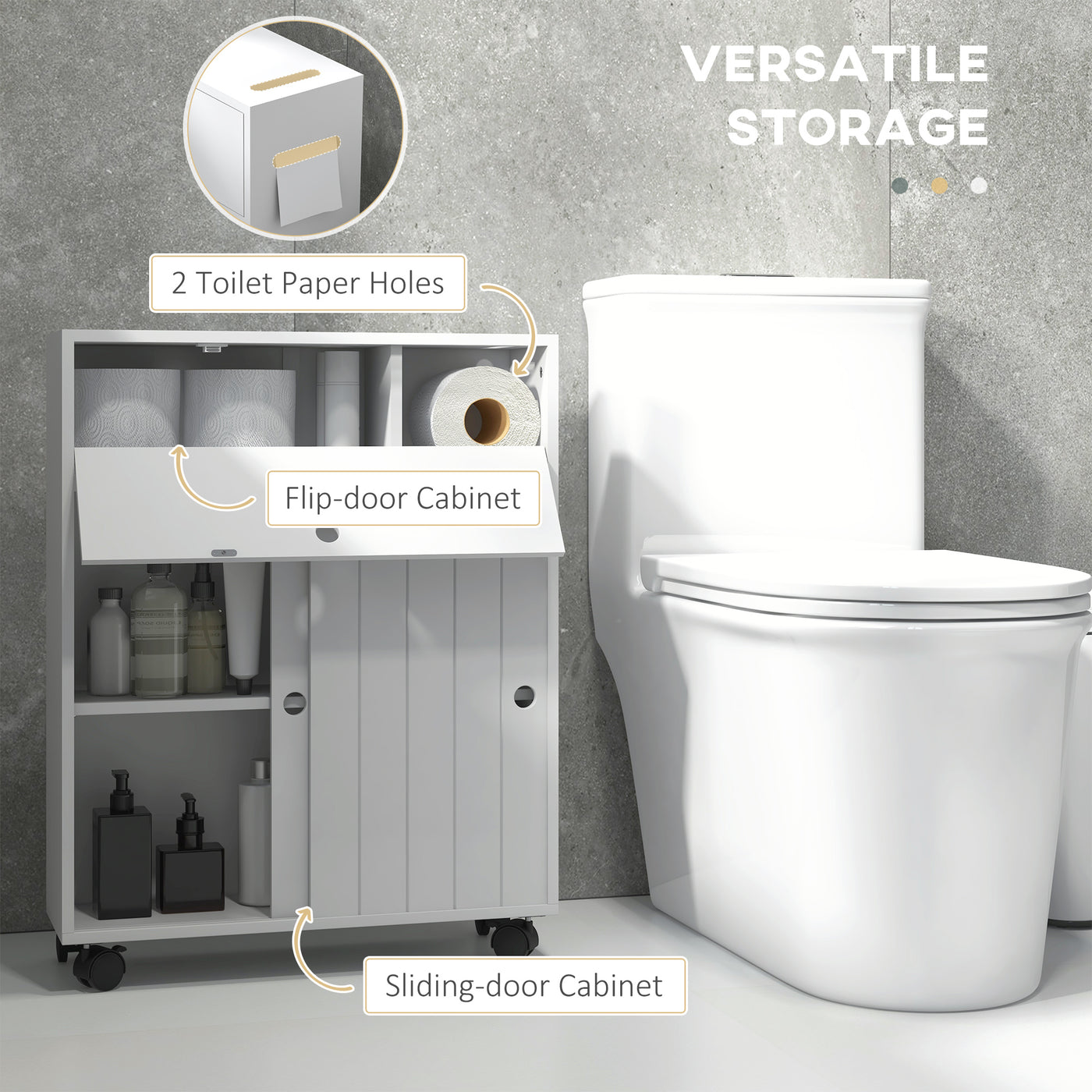 Bathroom Storage Cabinet, Bathroom Cabinet with 4 Rolling Wheels and Paper Holes, 20.5" x 6.75" x 26.5", White