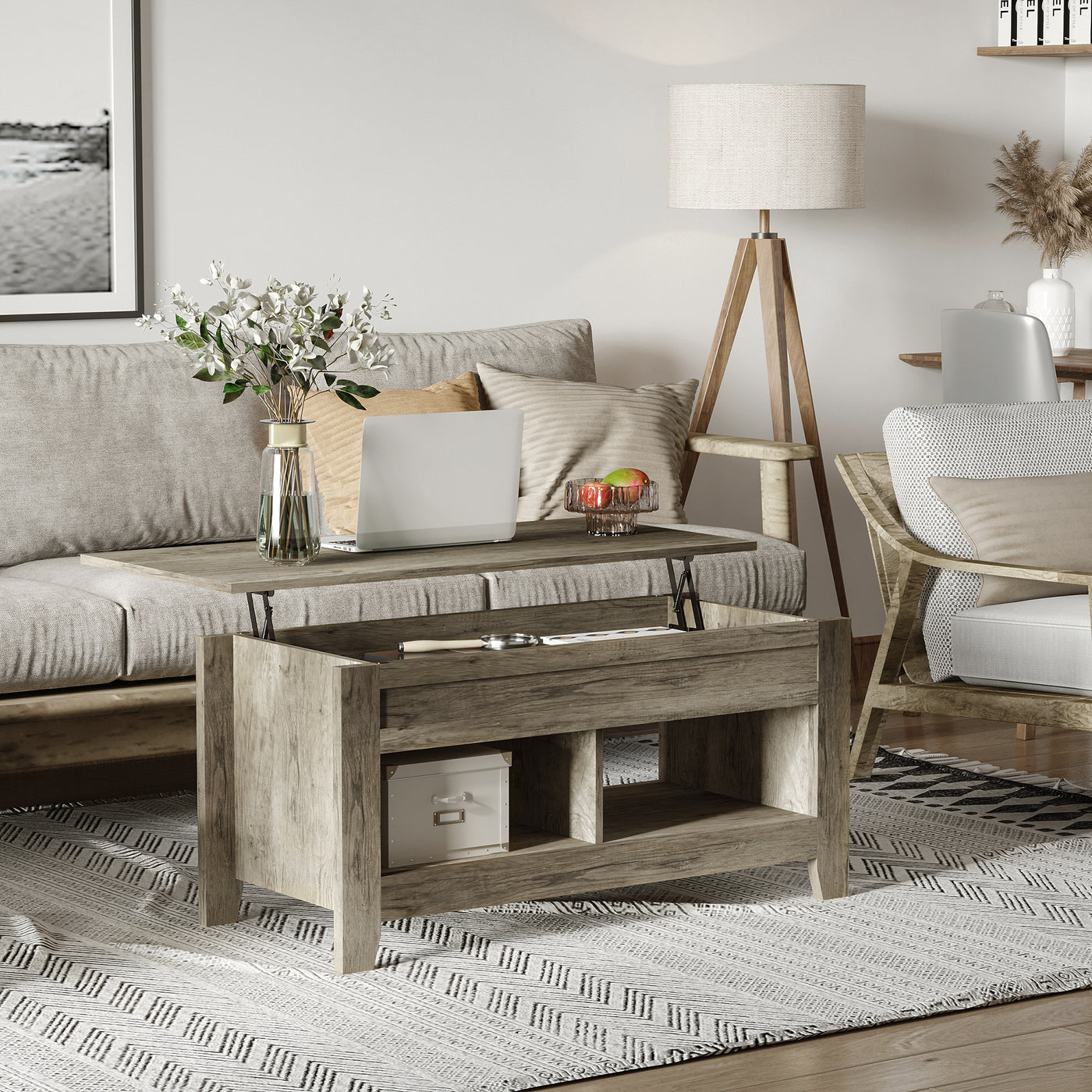 Lift Top Coffee Table with Hidden Storage Compartment and Open Shelves, Lift Tabletop Pop-Up Center Table for Living Room, Oak Effect