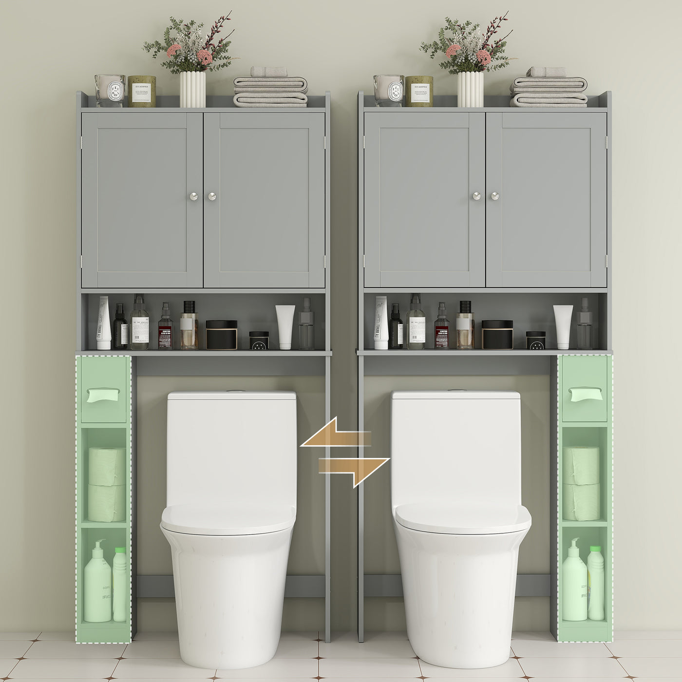 Modern Over the Toilet Storage Cabinet with 2 Doors, Above Commode Storage Cabinet with Toilet Paper Holder, Grey