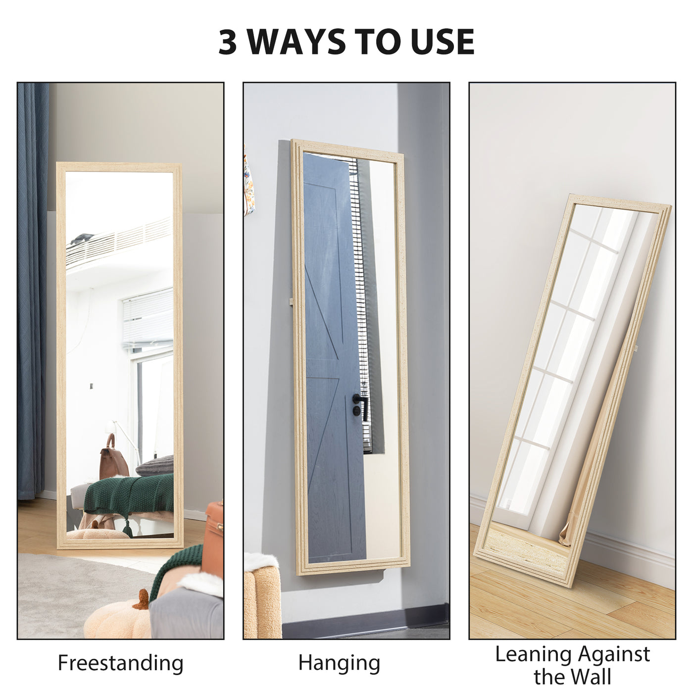 64" x 21" Full Length Mirror, Standing, Wall-Mounted or Leaning Against Wall, for Bedroom, Living Room, Beige