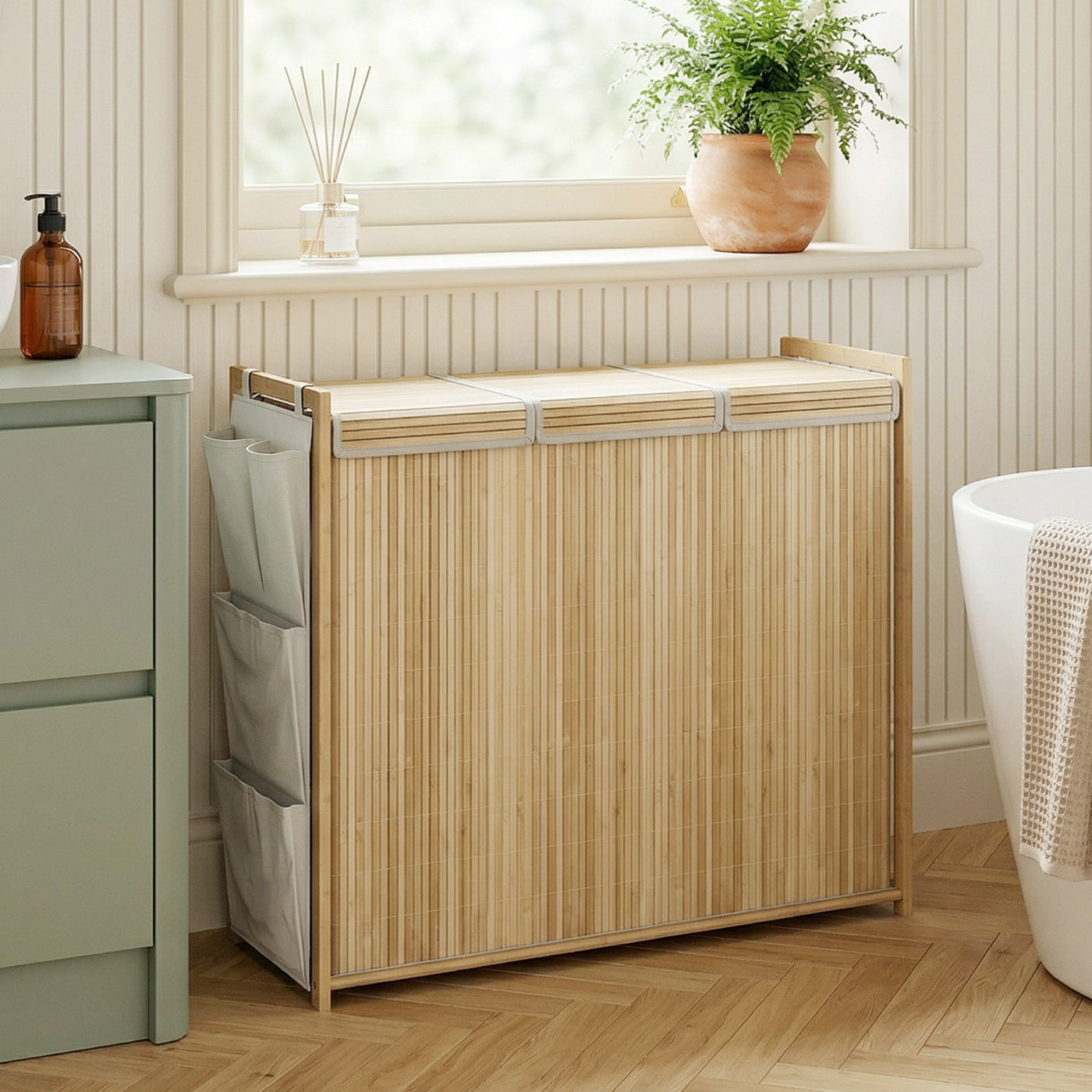 Bamboo Laundry Hamper with Removable Drawstring Bag and Side Storage Pockets, 47 Gal, Natural