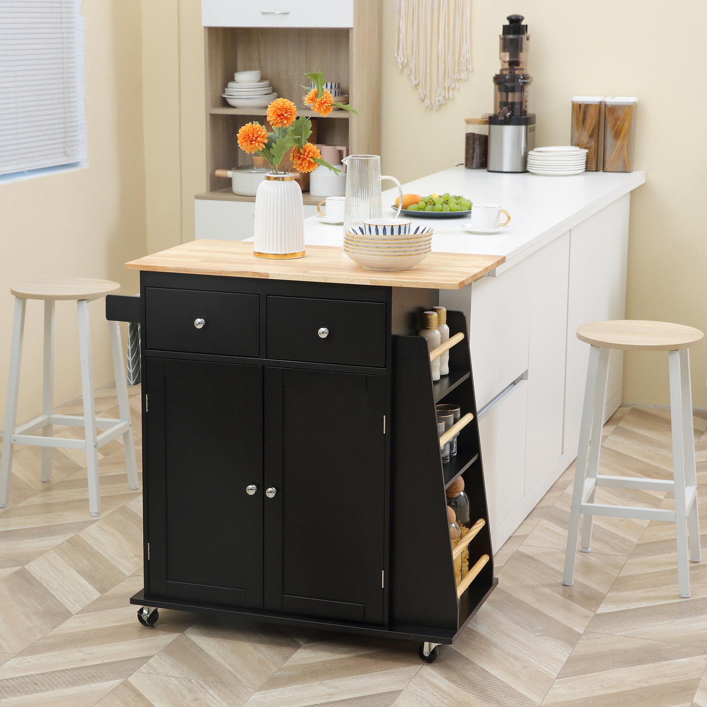 Rolling Kitchen Island Trolley Storage Cart with Rubber Wood Top, 3-Tier Spice Rack, Towel Rack Home Kitchen Carts, Black