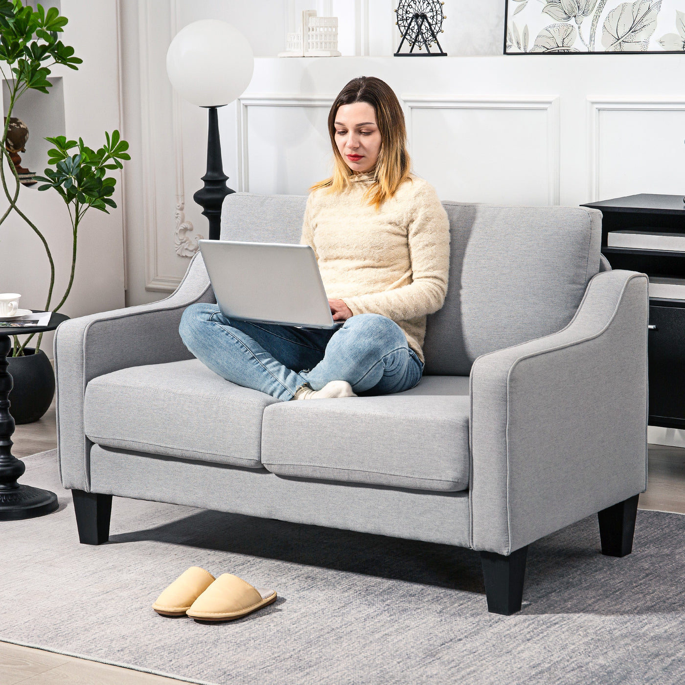 Loveseat Sofa, Modern Couch with Pocket Spring, Linen Upholstered, Thick Padded, Light Grey