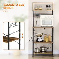 Baker's Rack with Charing Station, Microwave Shelf with Power Outlet, USB Charger and 5 Hooks, Rustic Brown